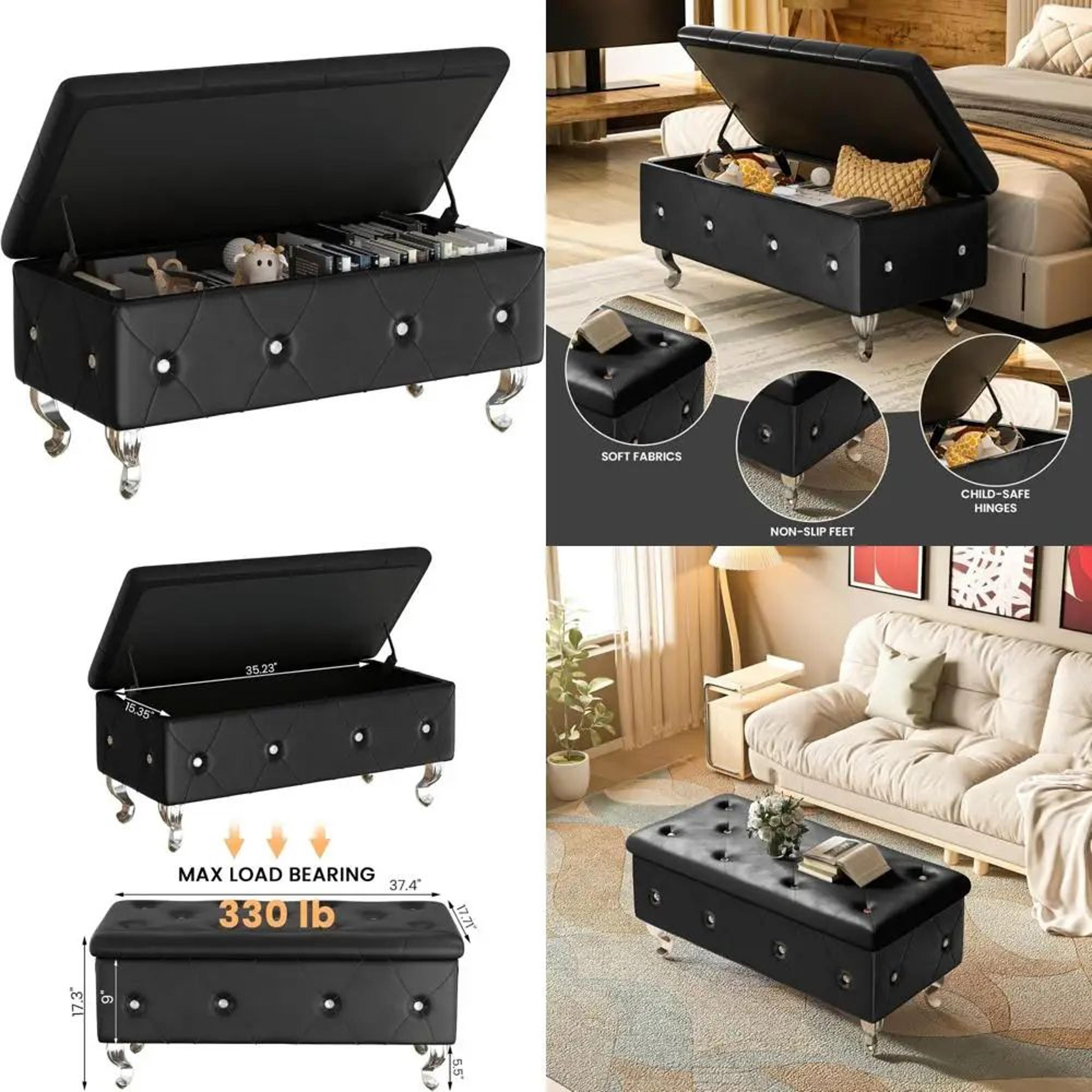 Modern Black PU Leather Storage Ottoman Bench With Safety Hinge  Silver Legs  374in Bedroom Storage 1