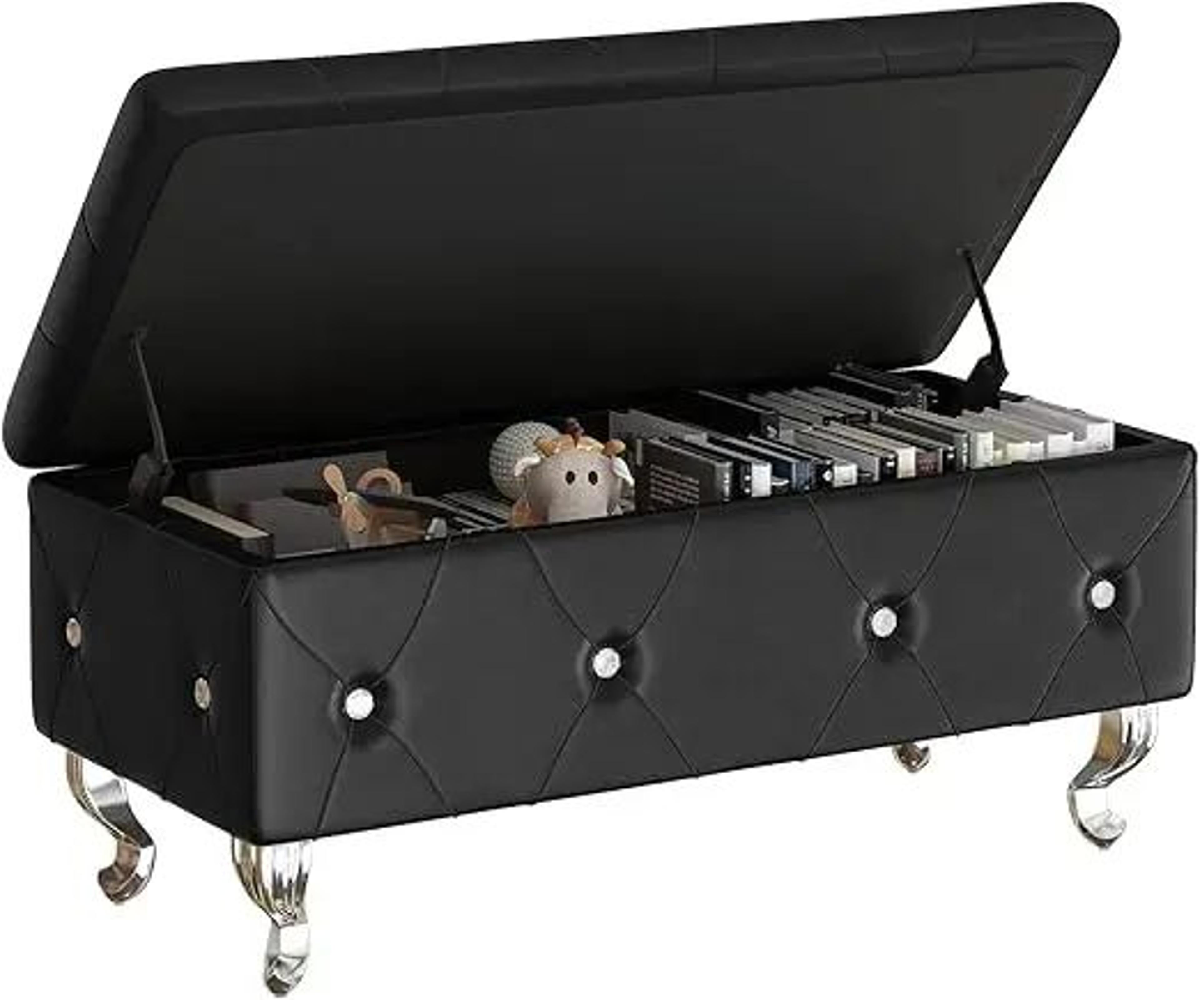 Modern Black PU Leather Storage Ottoman Bench With Safety Hinge  Silver Legs  374in Bedroom Storage 6