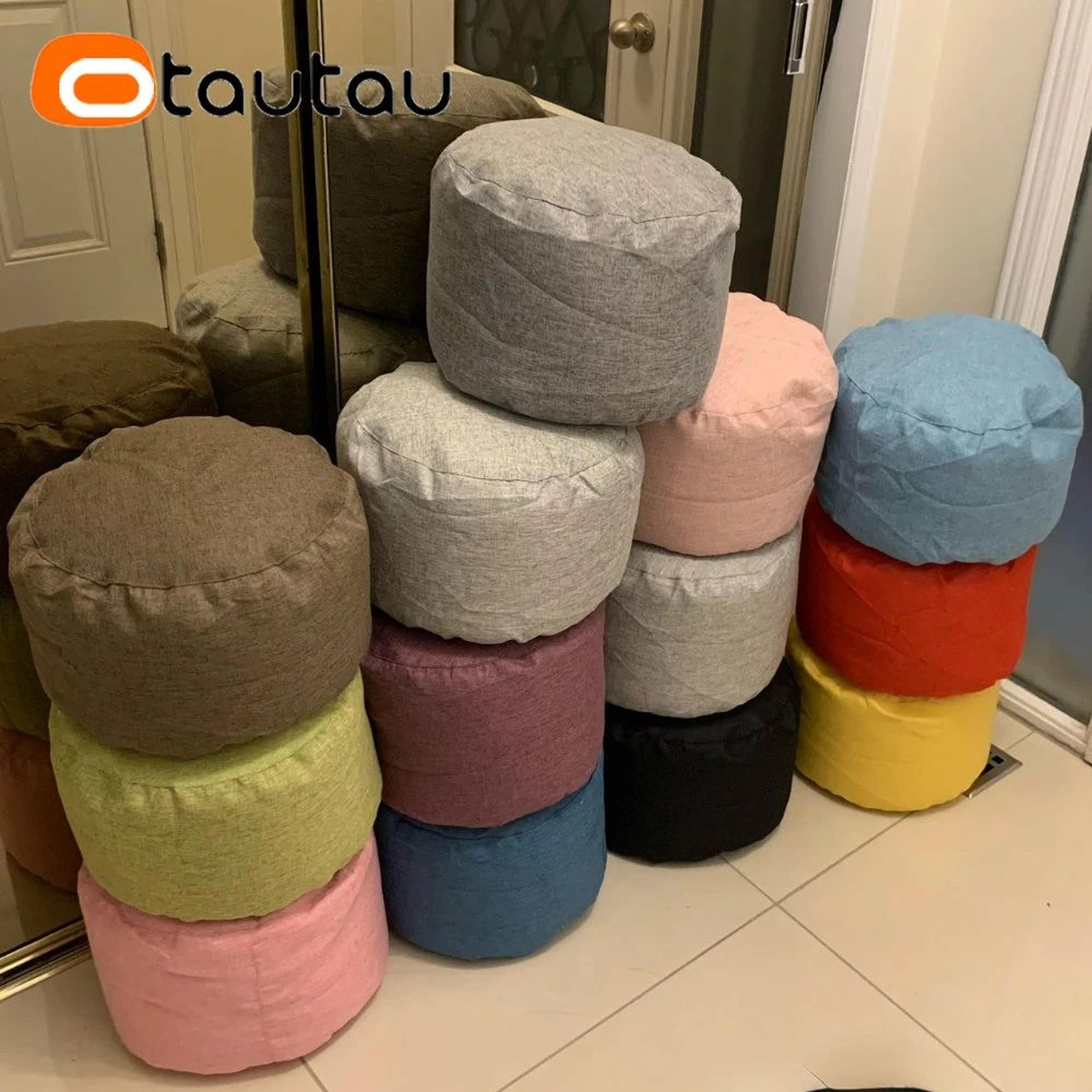 round linen bean bag ottoman – filled pouf footstool for living room & tatami seating