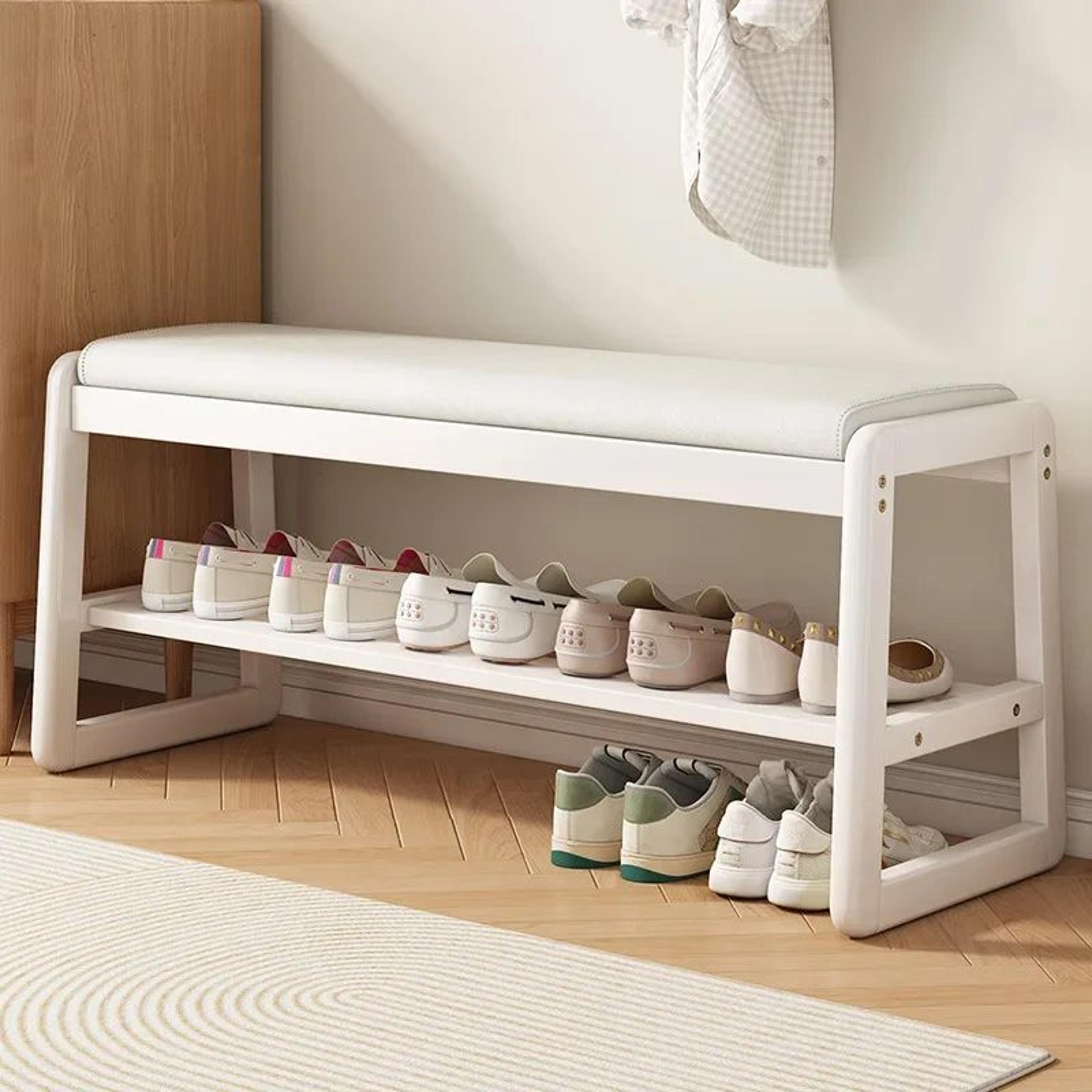 Rattan Woven Shoe Bench With Solid Wood Frame  Entryway MultiLayer Storage Stool 3