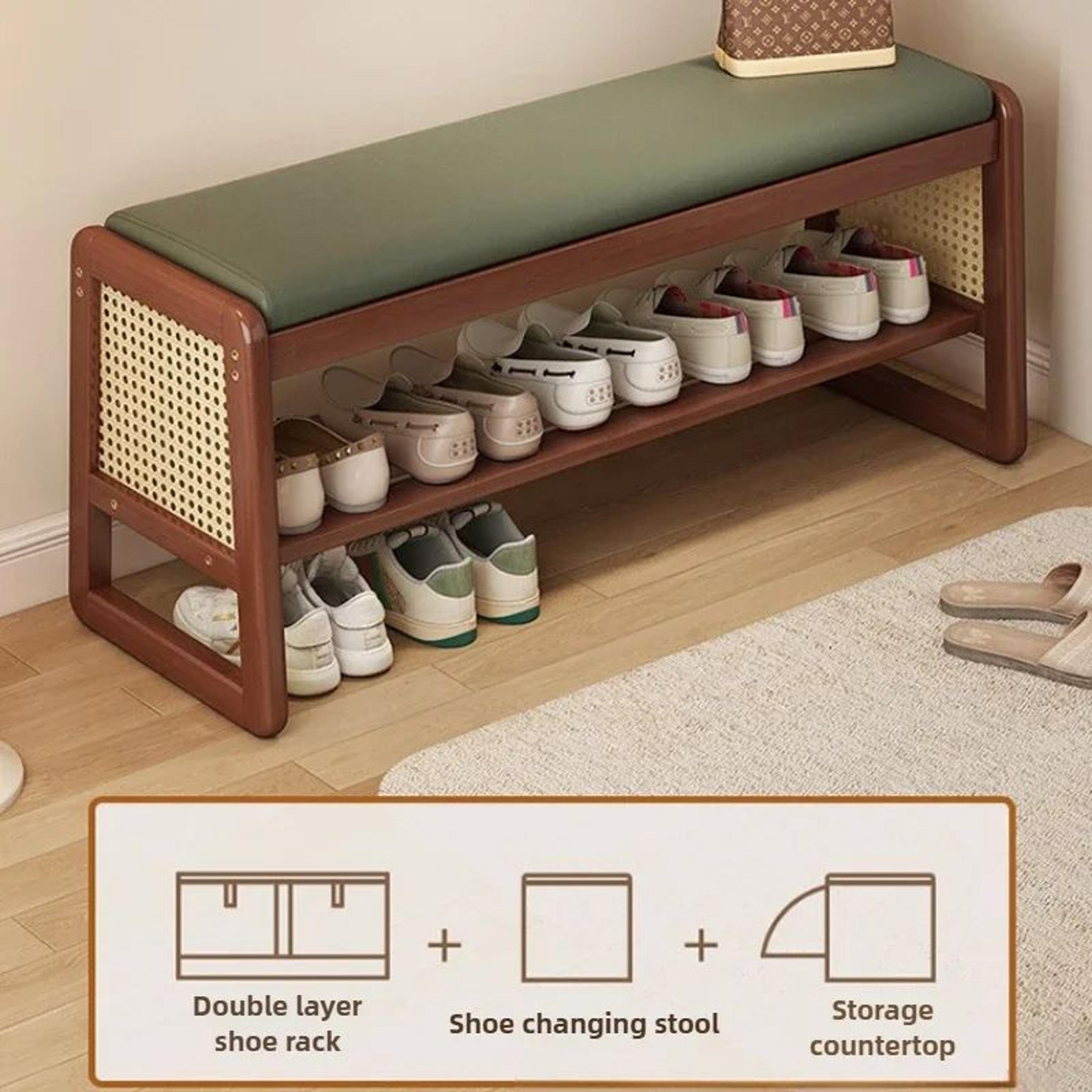 Rattan Woven Shoe Bench With Solid Wood Frame  Entryway MultiLayer Storage Stool 4