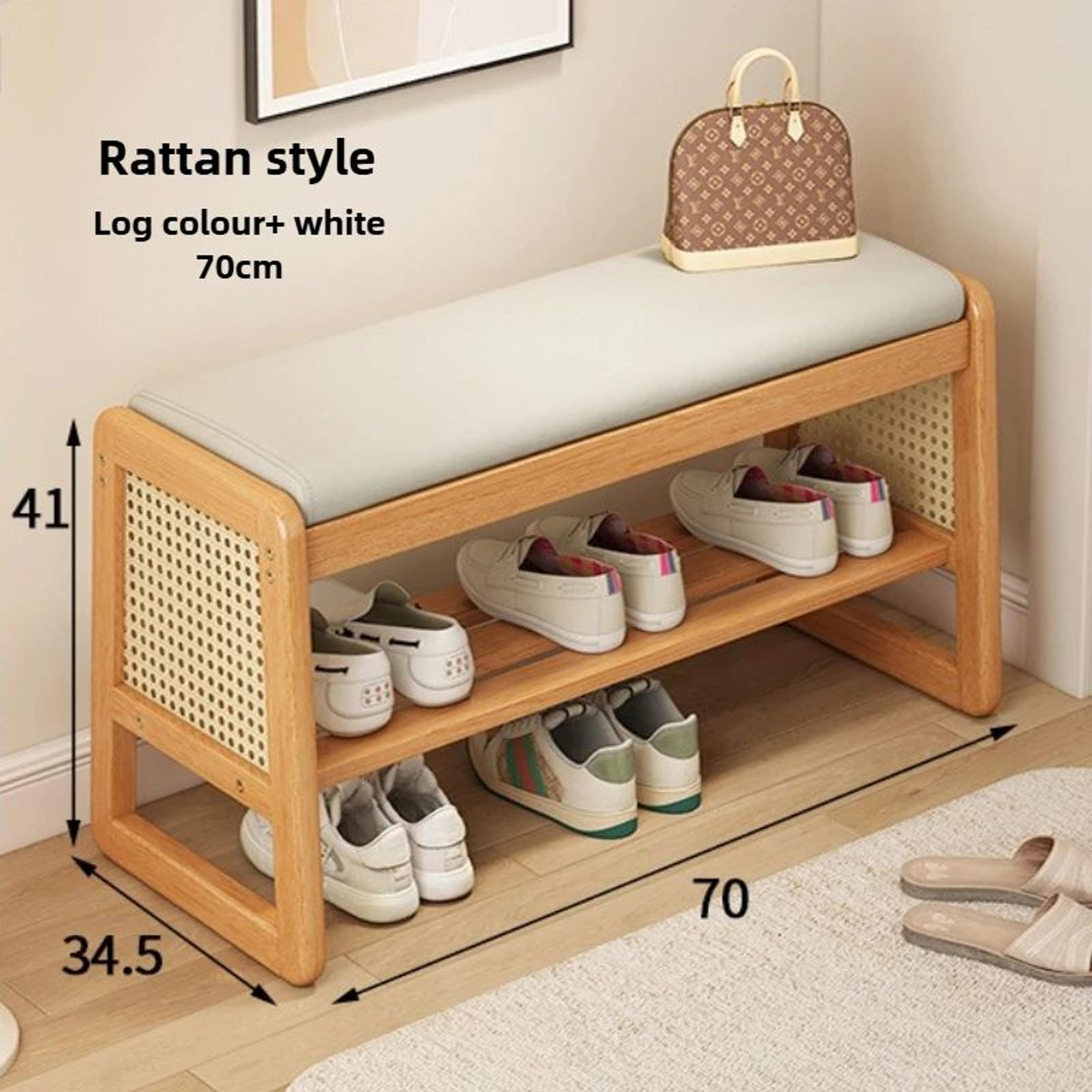 Rattan Woven Shoe Bench With Solid Wood Frame  Entryway MultiLayer Storage Stool 8