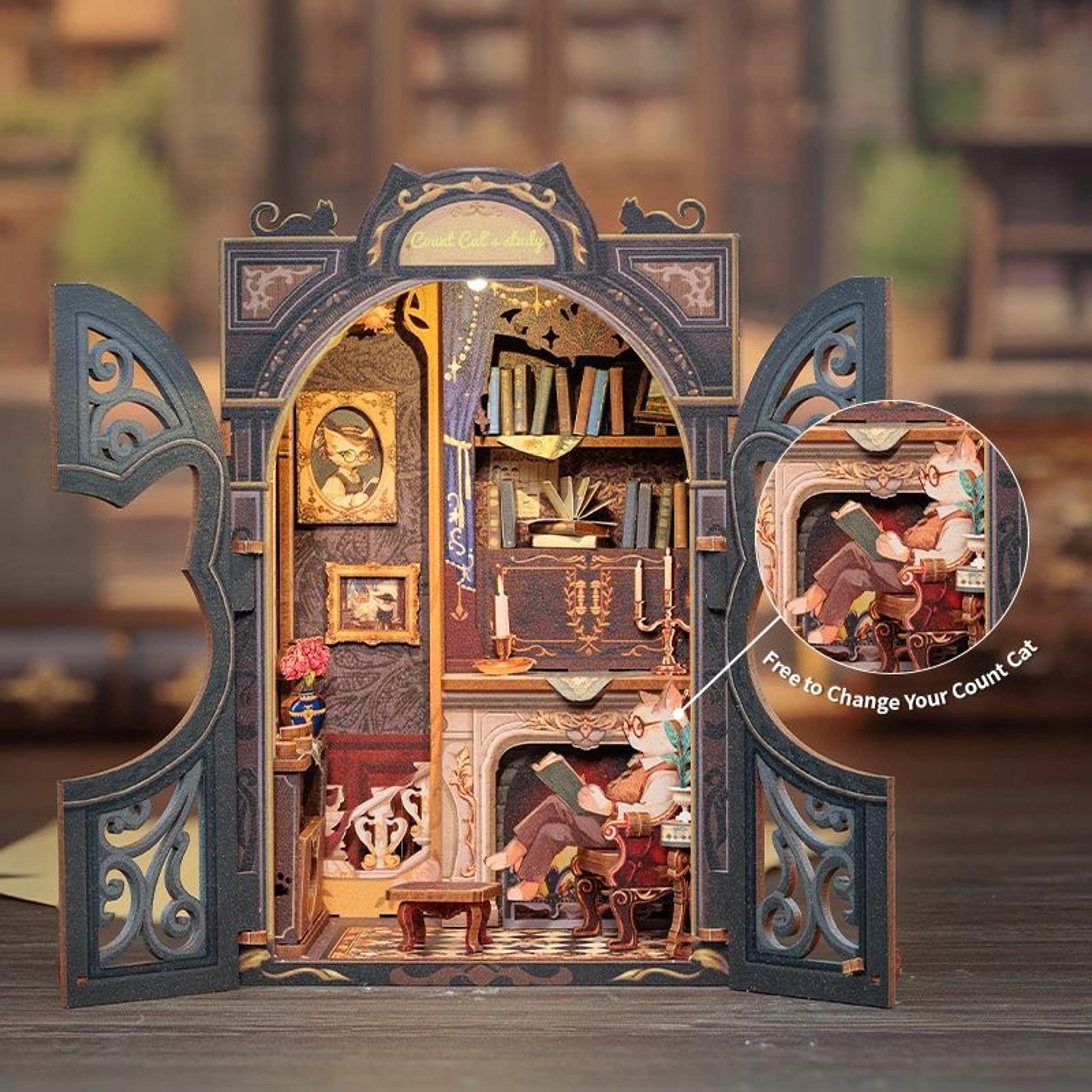 CUTEBEE Count Cats Study DIY Book Nook Kit  Wooden 3D Puzzle Bookshelf Insert With Lights 1