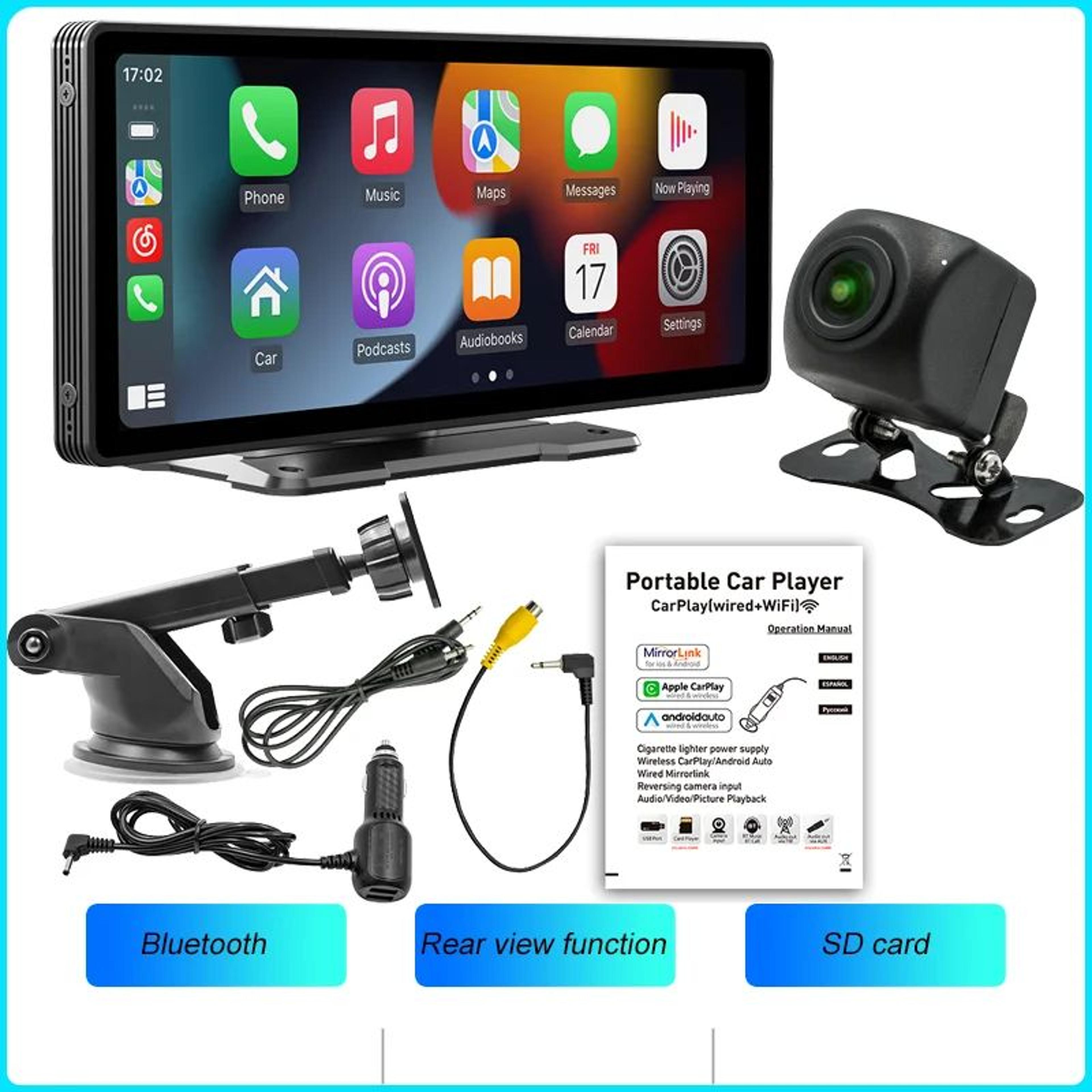 BQCC 1026in Portable Wireless CarPlay  Android Auto Screen  HD Touchscreen Car Stereo With Backup C 9
