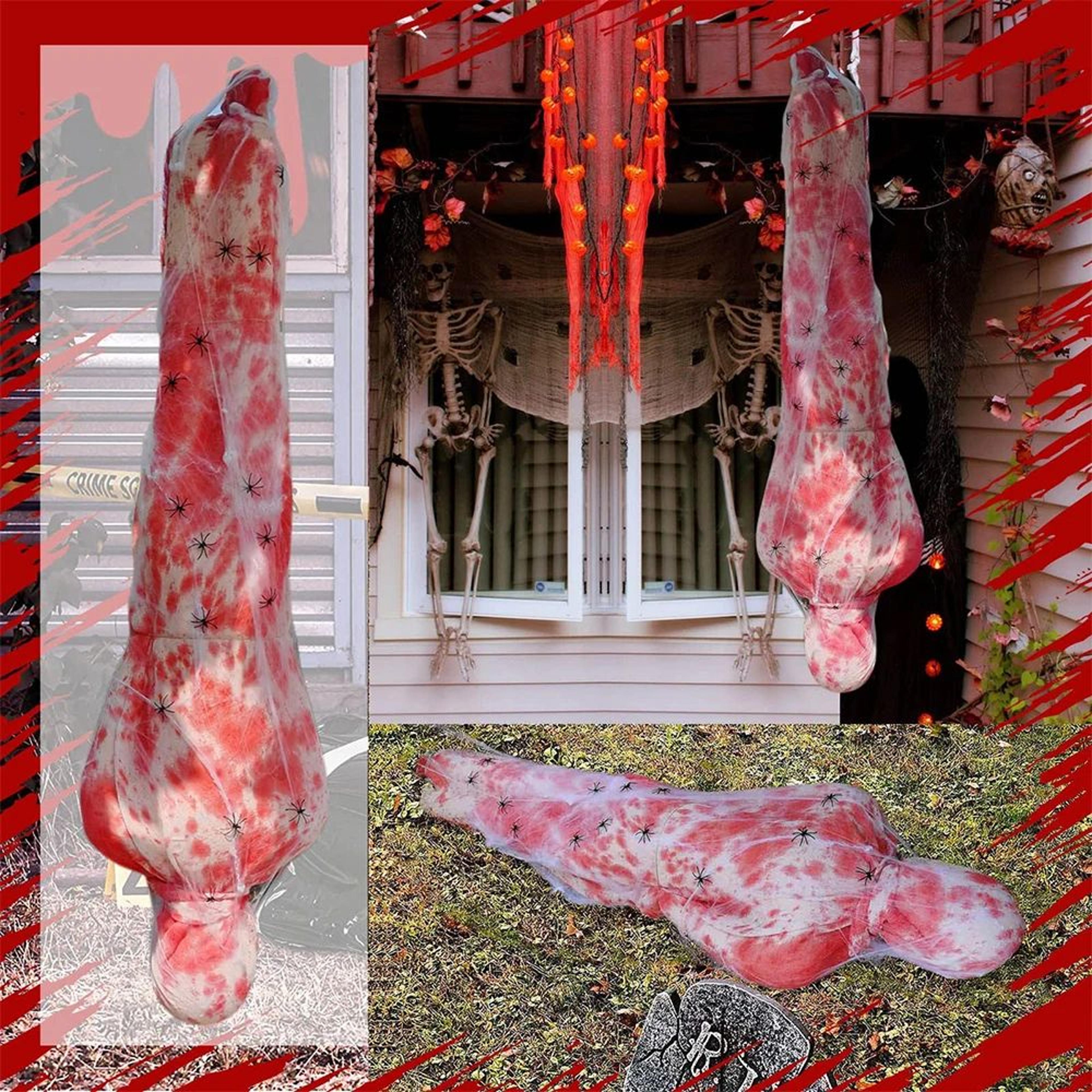 haunted cocoon corpse hanging decoration with led string lights – scary halloween dead body prop