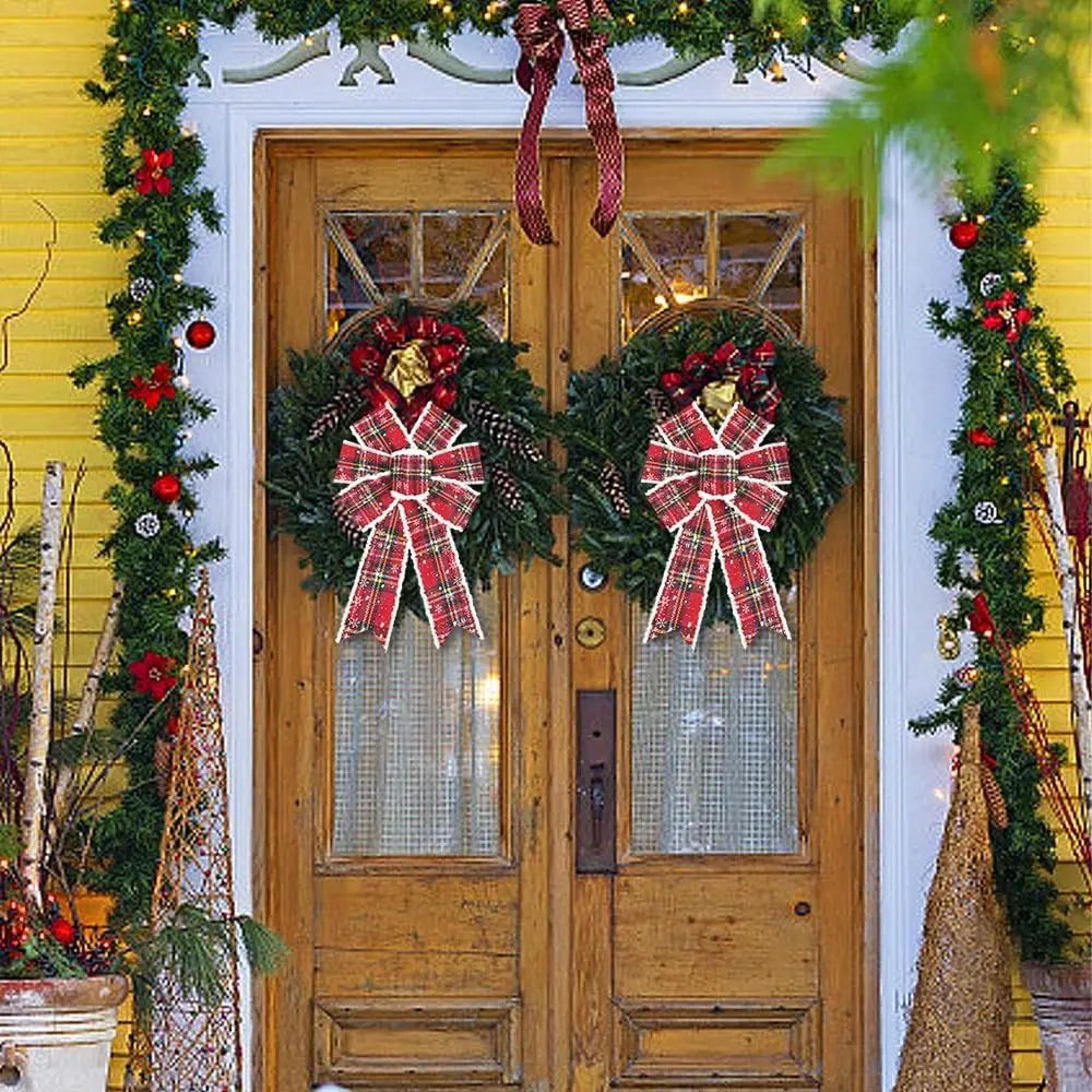 Vintage Buffalo Plaid Christmas Wreath Bows  2 Pcs Red Snowflake Holiday Tree  Door Decoration Bows 2