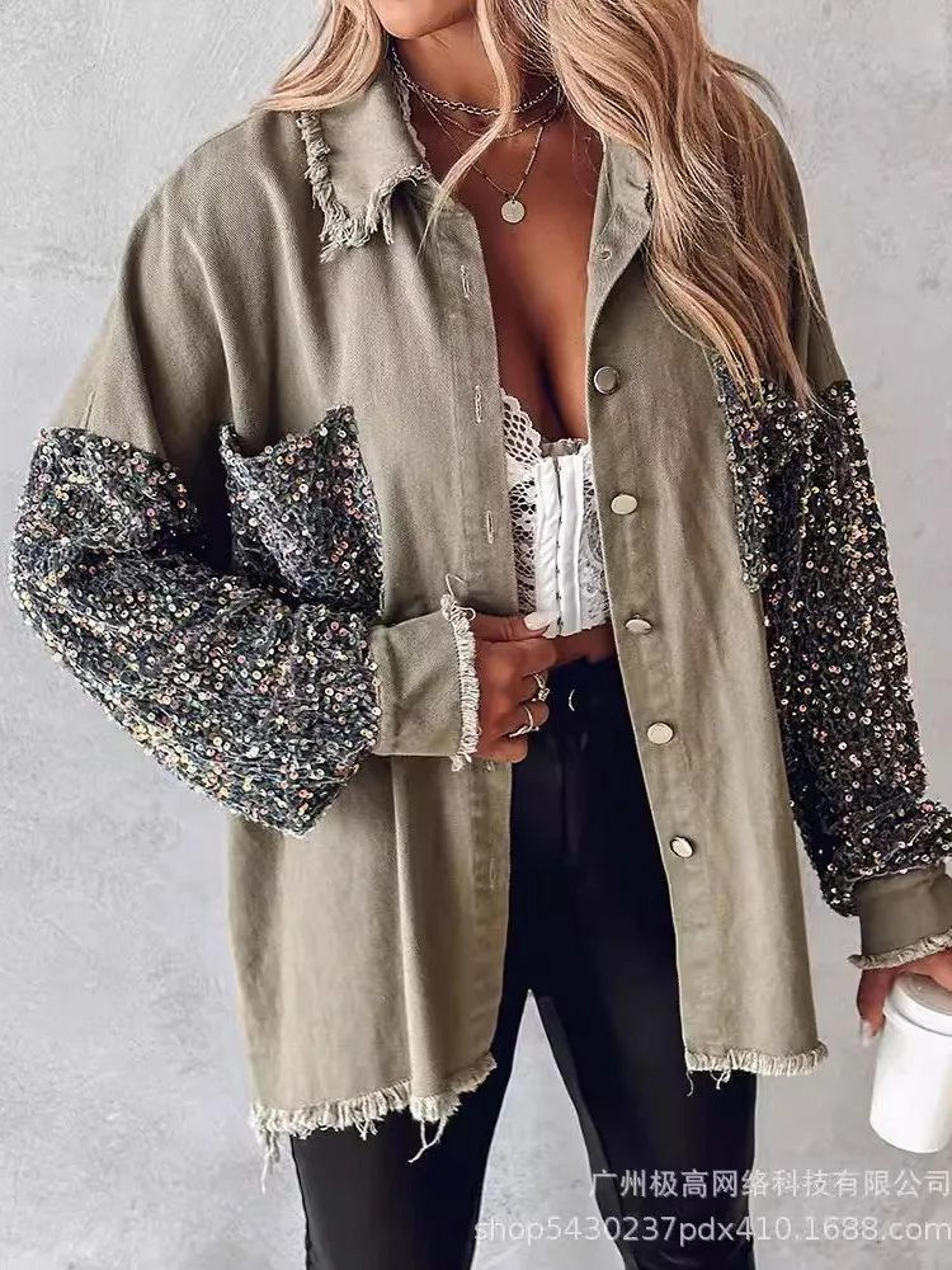 Sequin Colorblock Shacket Jacket  Womens Contrast ButtonUp Raw Hem High Street Coat 4