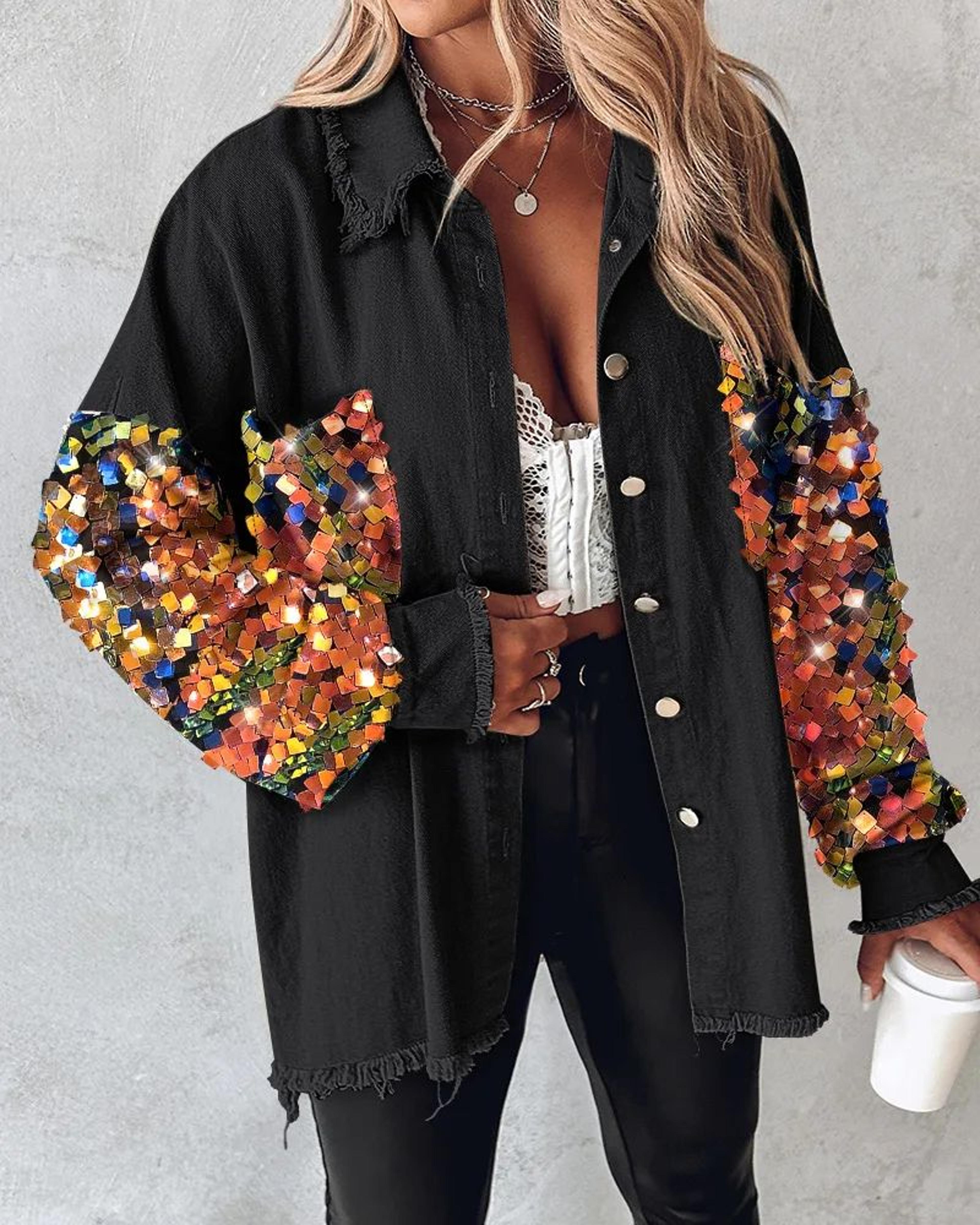 Sequin Colorblock Shacket Jacket  Womens Contrast ButtonUp Raw Hem High Street Coat 7