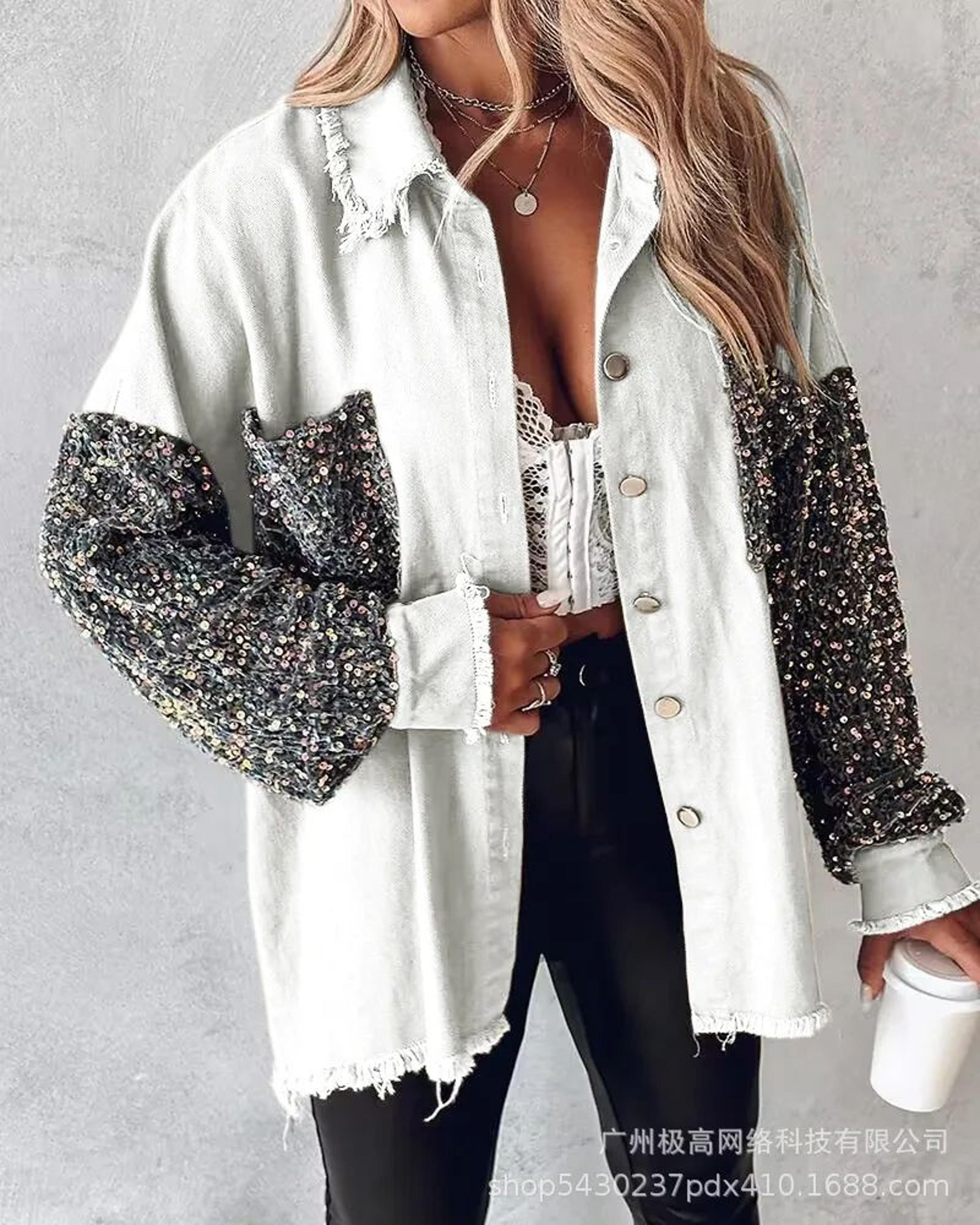 Sequin Colorblock Shacket Jacket  Womens Contrast ButtonUp Raw Hem High Street Coat 15