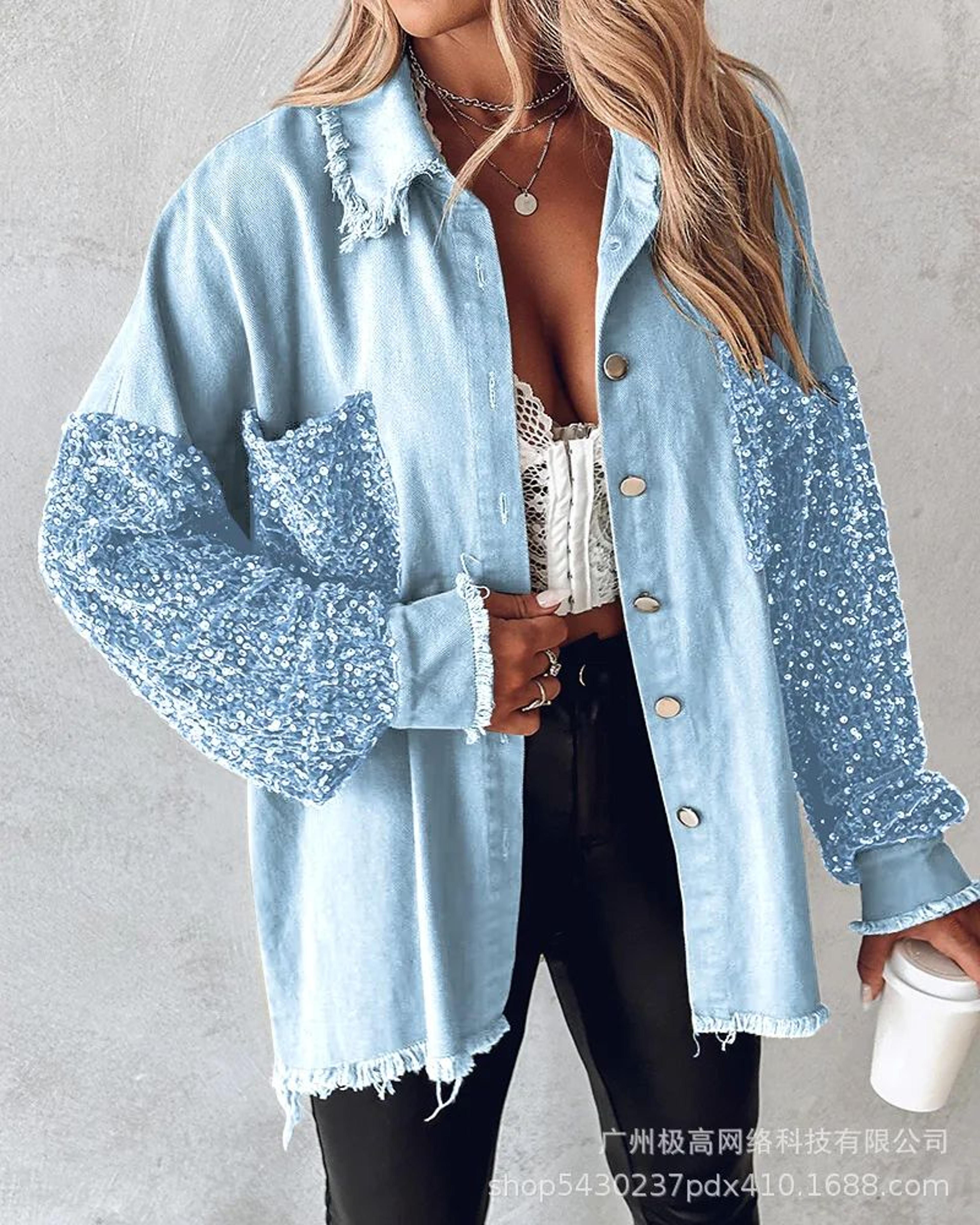 Sequin Colorblock Shacket Jacket  Womens Contrast ButtonUp Raw Hem High Street Coat 14