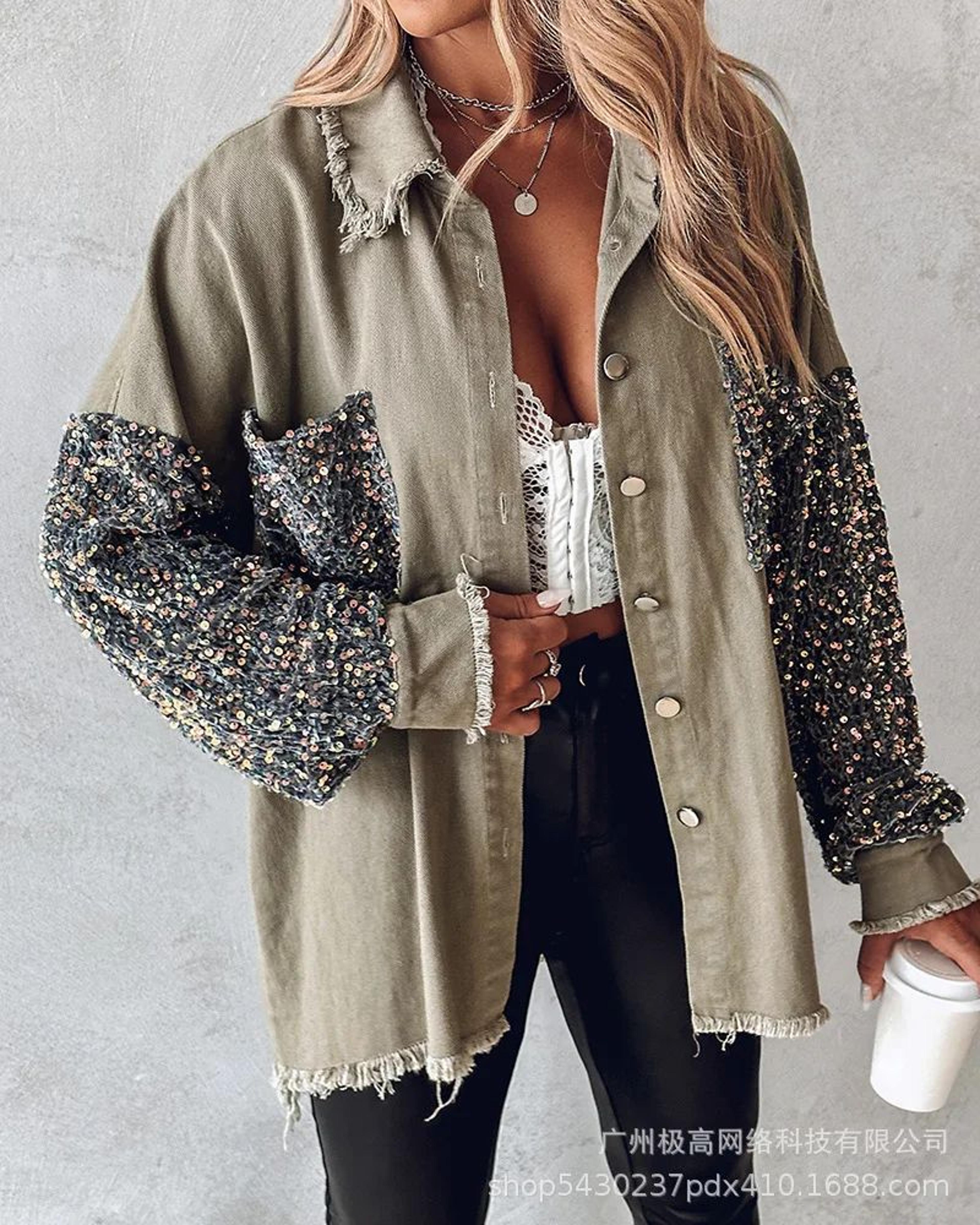 Sequin Colorblock Shacket Jacket  Womens Contrast ButtonUp Raw Hem High Street Coat 19