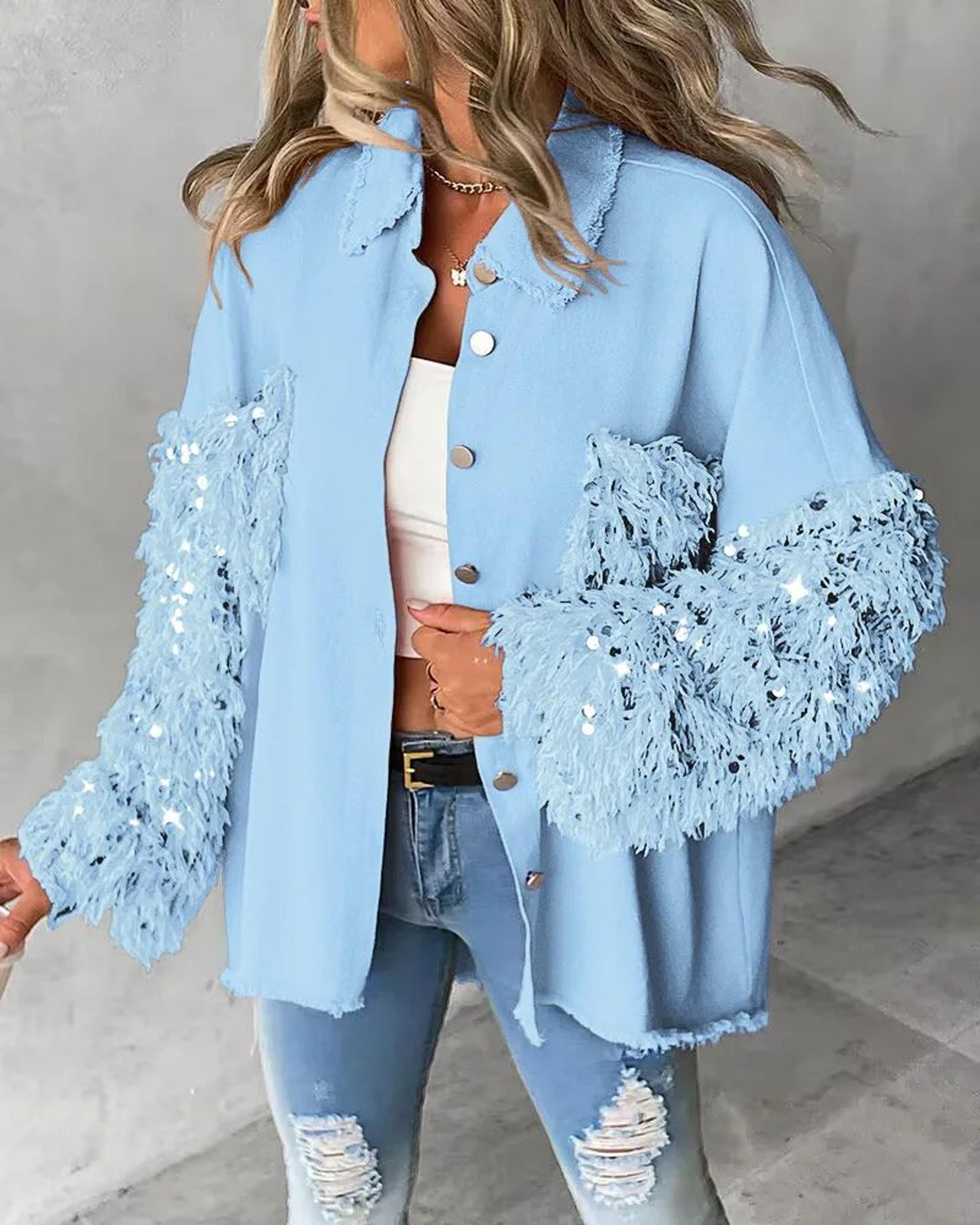 Sequin Colorblock Shacket Jacket  Womens Contrast ButtonUp Raw Hem High Street Coat 13
