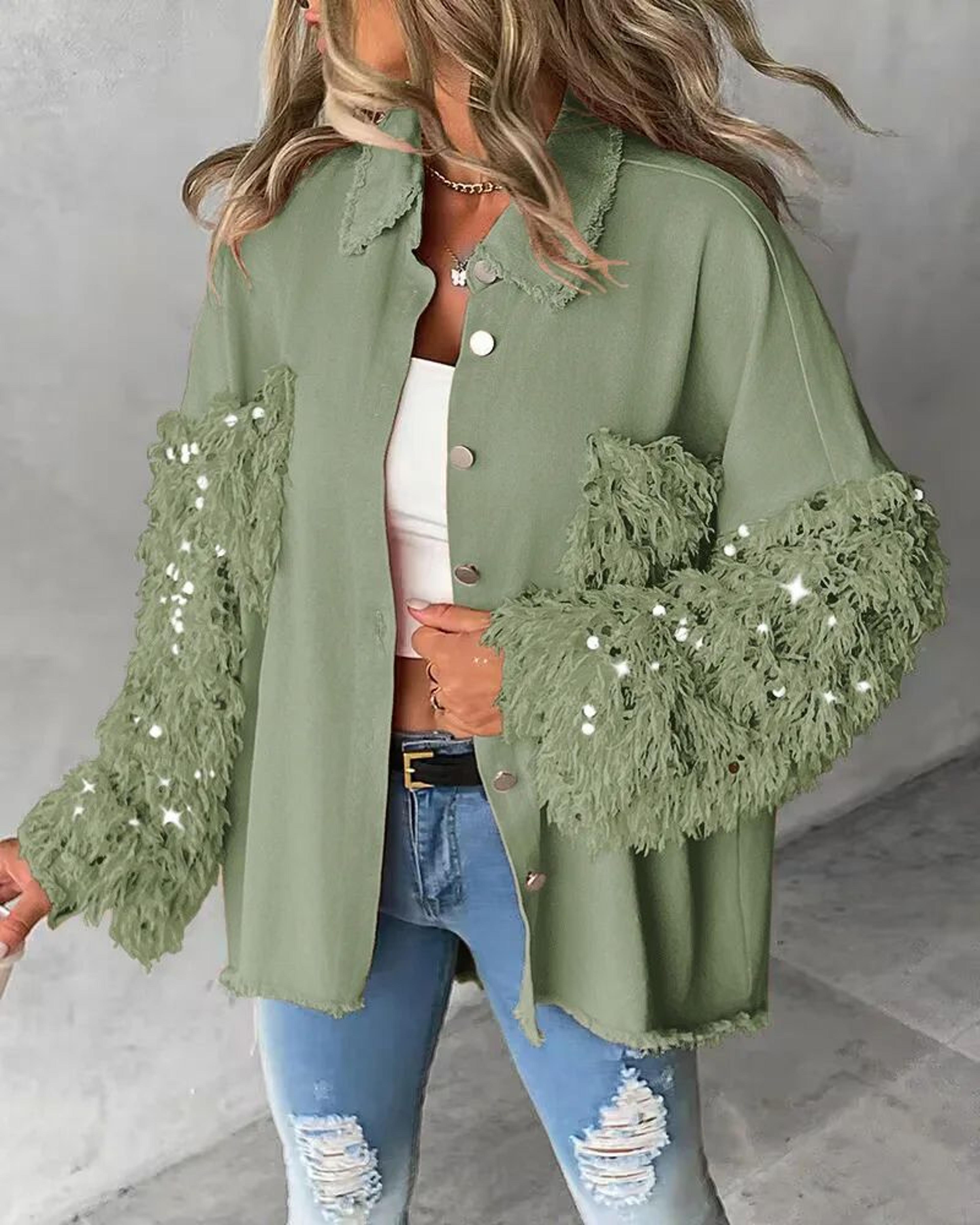 Sequin Colorblock Shacket Jacket  Womens Contrast ButtonUp Raw Hem High Street Coat 17