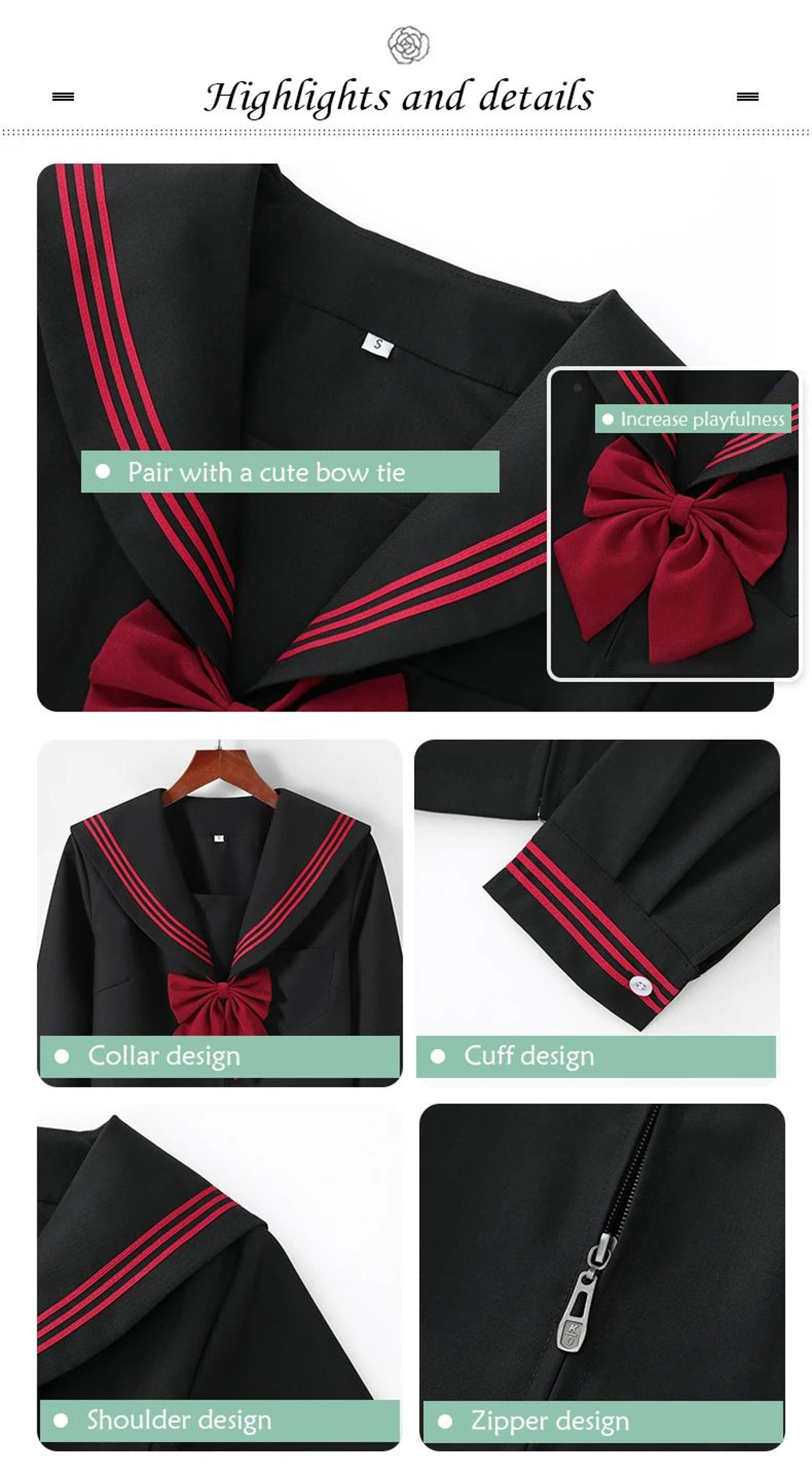 Womens Black Japanese JK Sailor School Uniform Set  Classic Anime Cosplay Student Outfit With Pleat 7