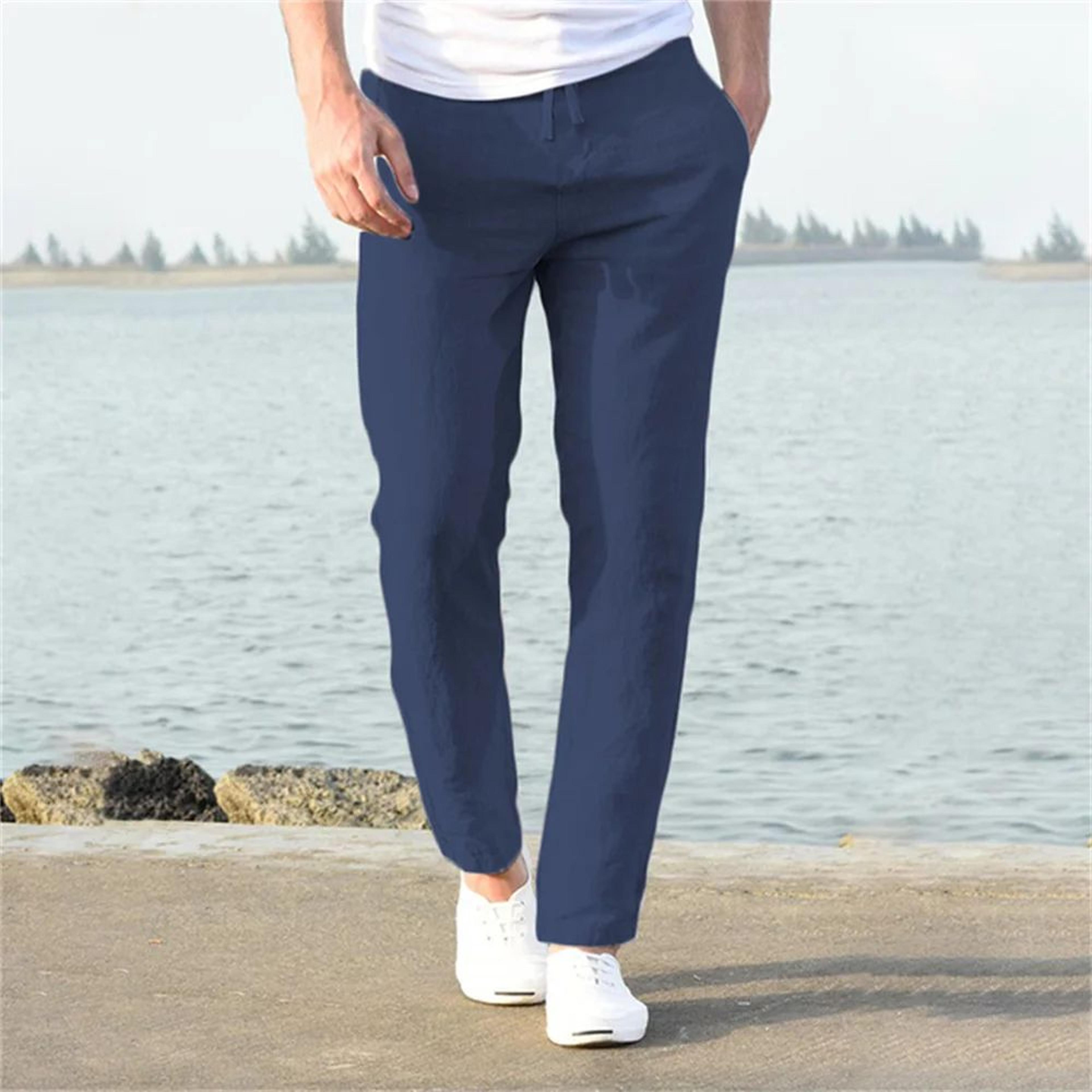 Mens Cotton Linen Breathable StraightLeg Pants  Casual Elastic Waist AnkleLength Streetwear Trouser 8