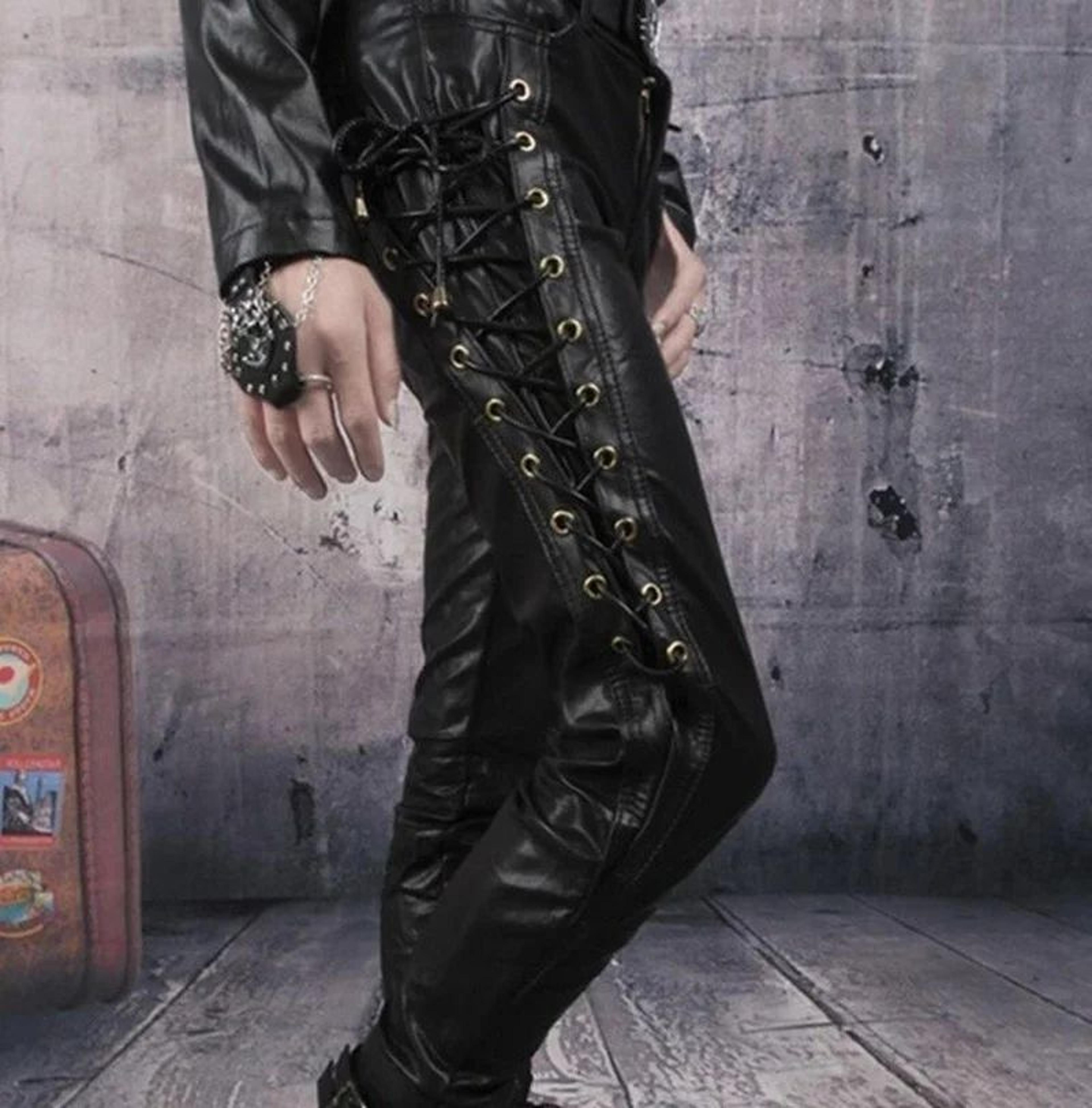 Mens Punk Style Faux Leather Motorcycle Pants  Black Side LaceUp Biker Trousers 2