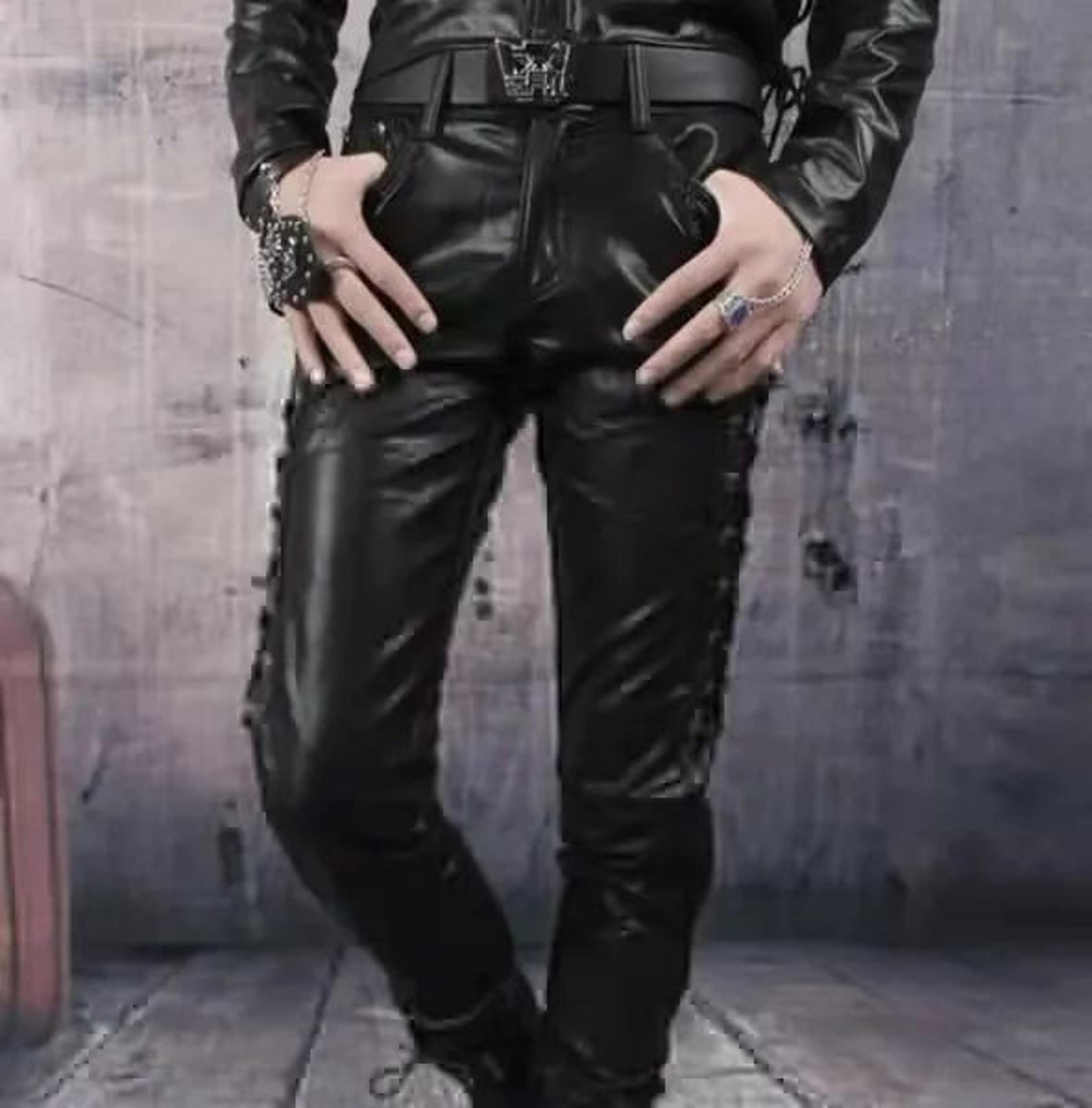 Mens Punk Style Faux Leather Motorcycle Pants  Black Side LaceUp Biker Trousers 4