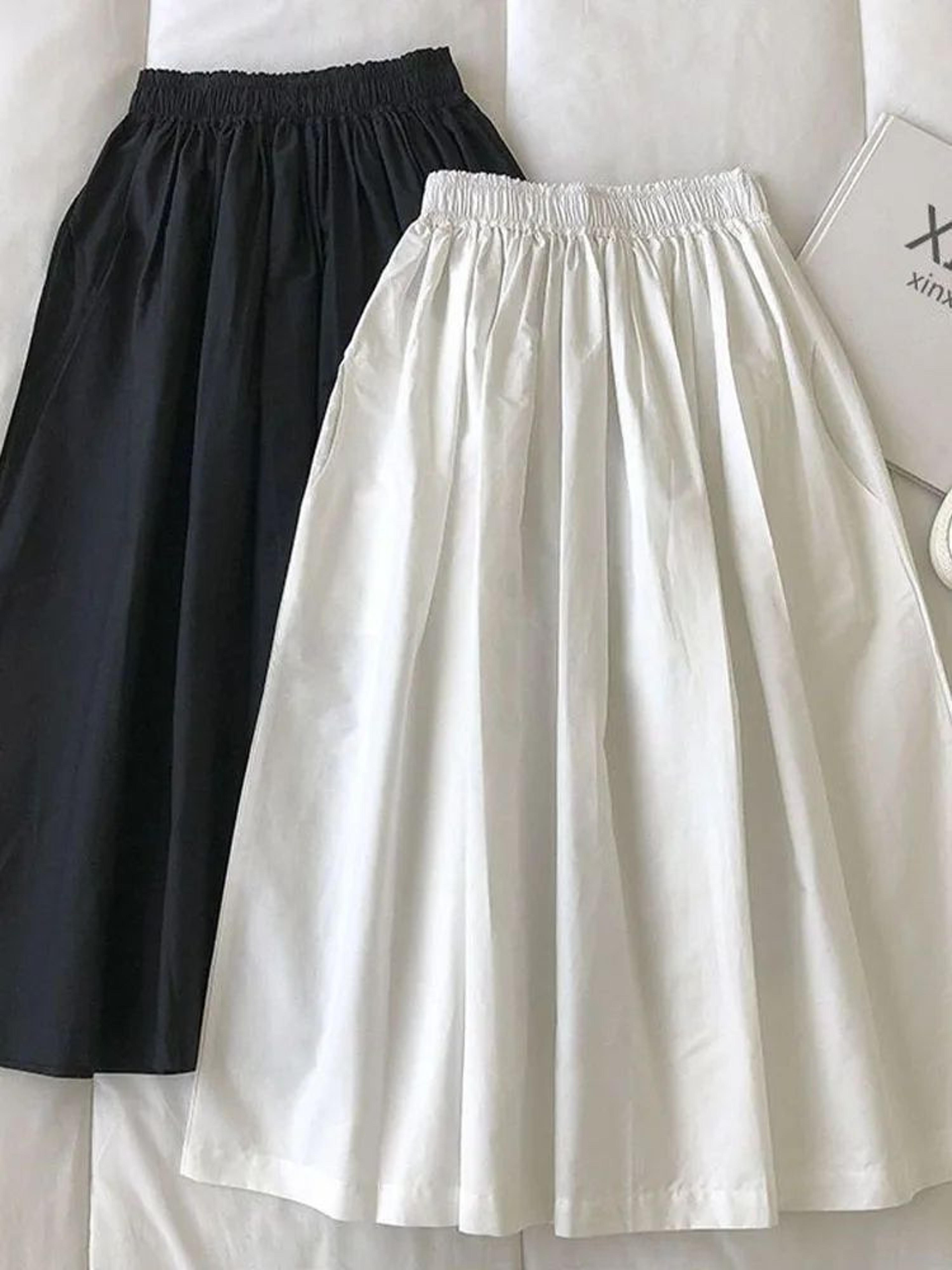 Womens High Waist Pleated ALine KneeLength Skirt With Pockets  Elegant Casual White Skirt 1