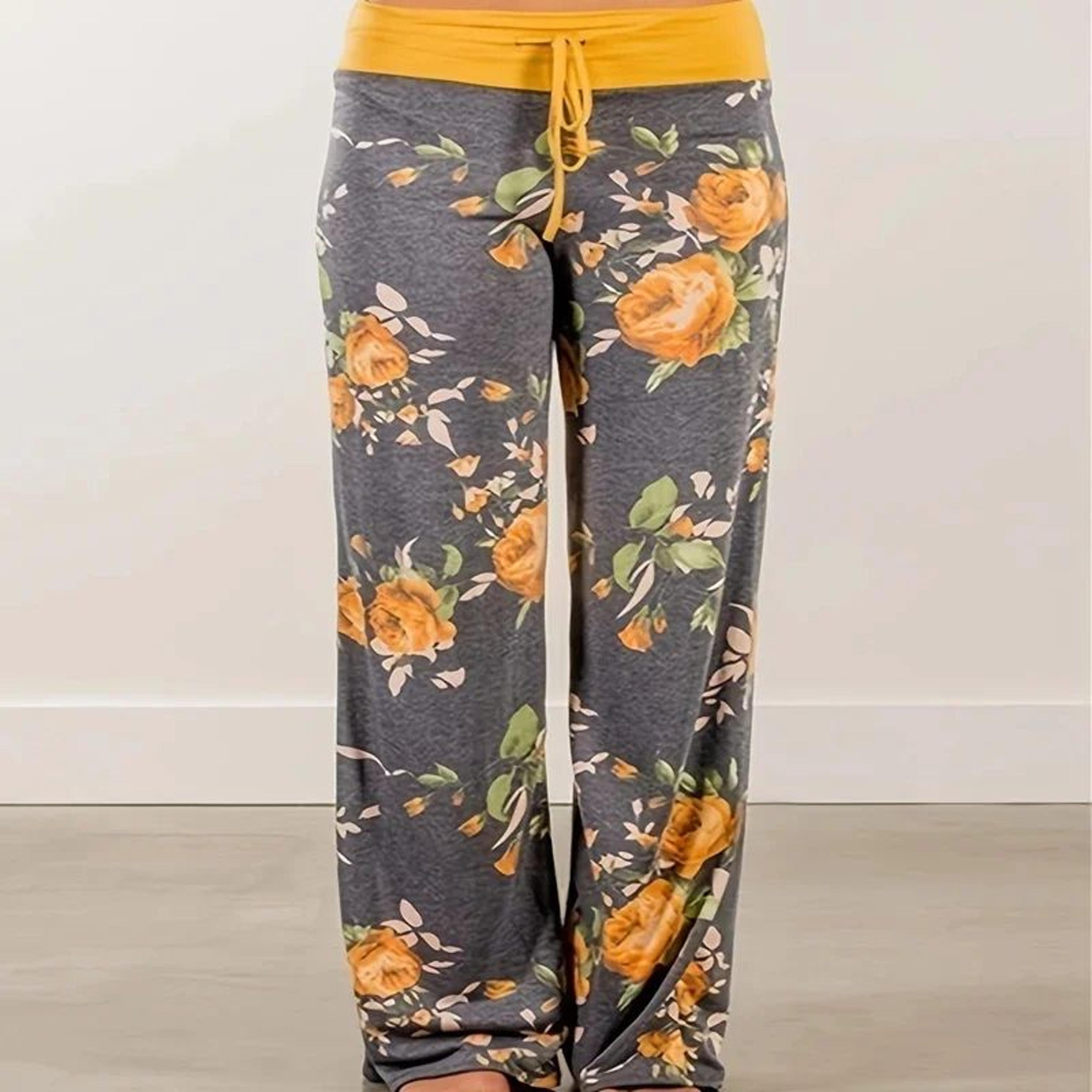women's plus size floral wide leg yoga pants – loose fit drawstring casual lounge trousers