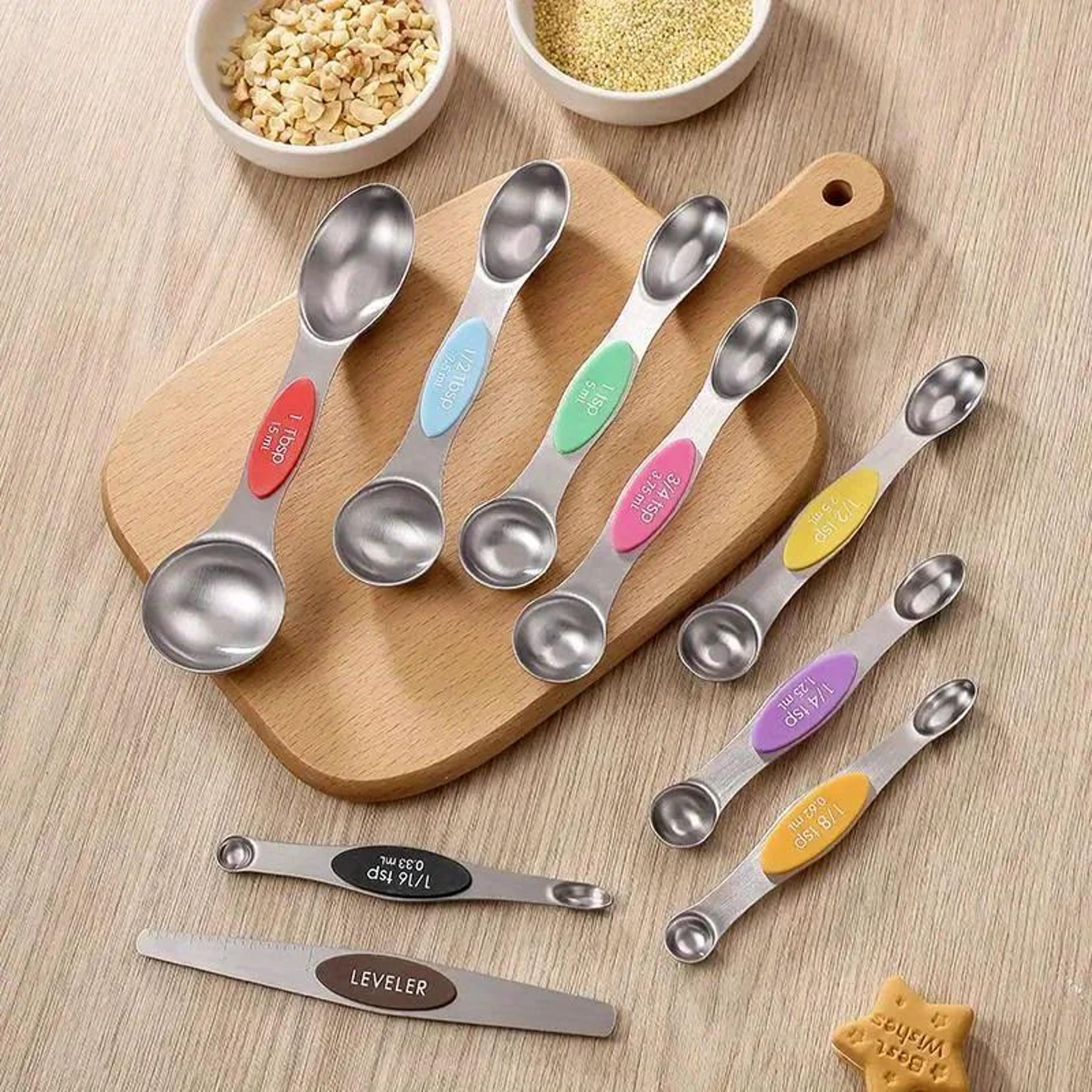 9-piece magnetic stainless steel measuring spoon set – double-ended baking spoons with engraved scale