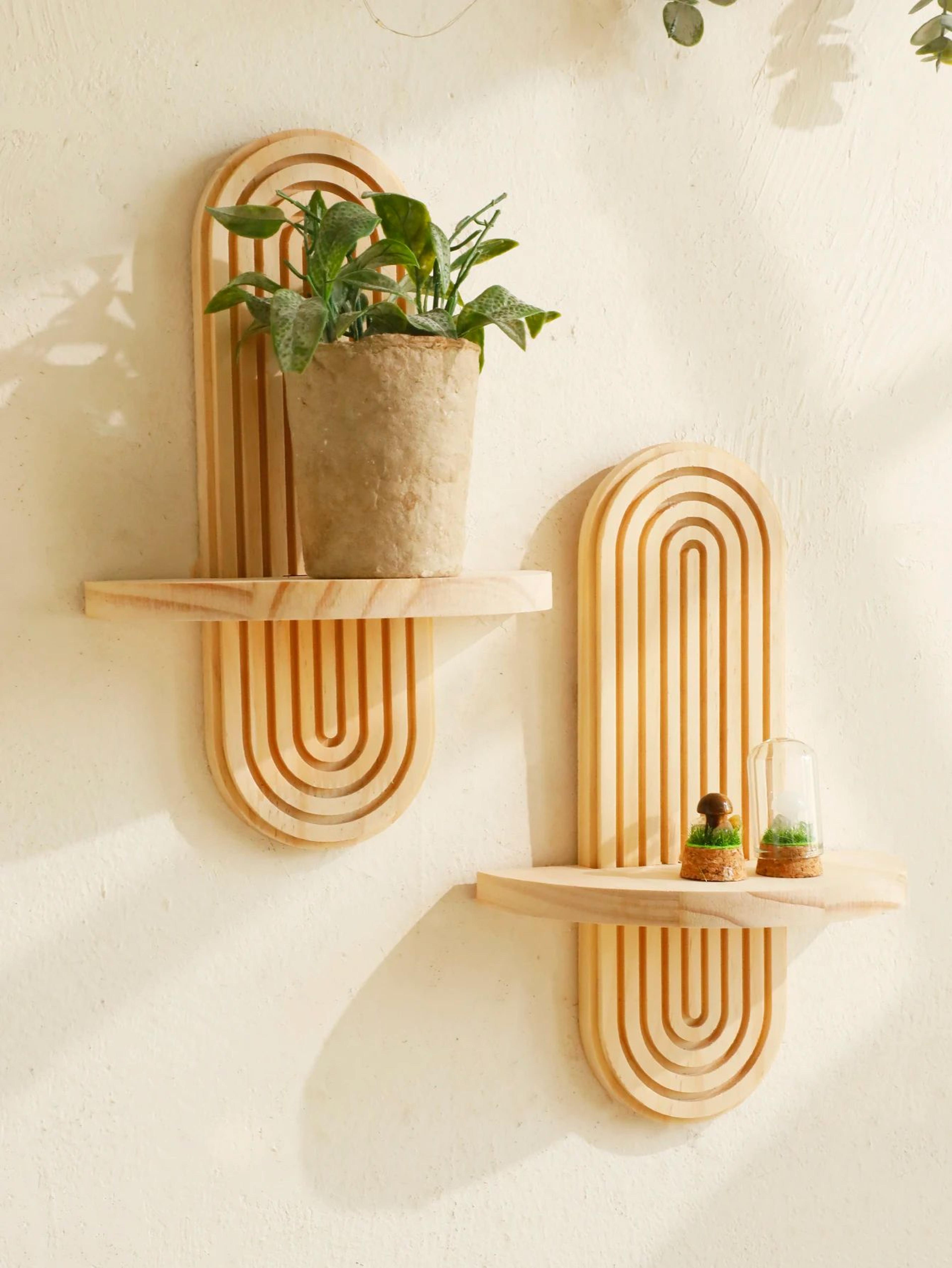 Boho Geometric Wooden Wall Shelves  Natural Wood Floating Display Shelves For Plants  Home Decor 5