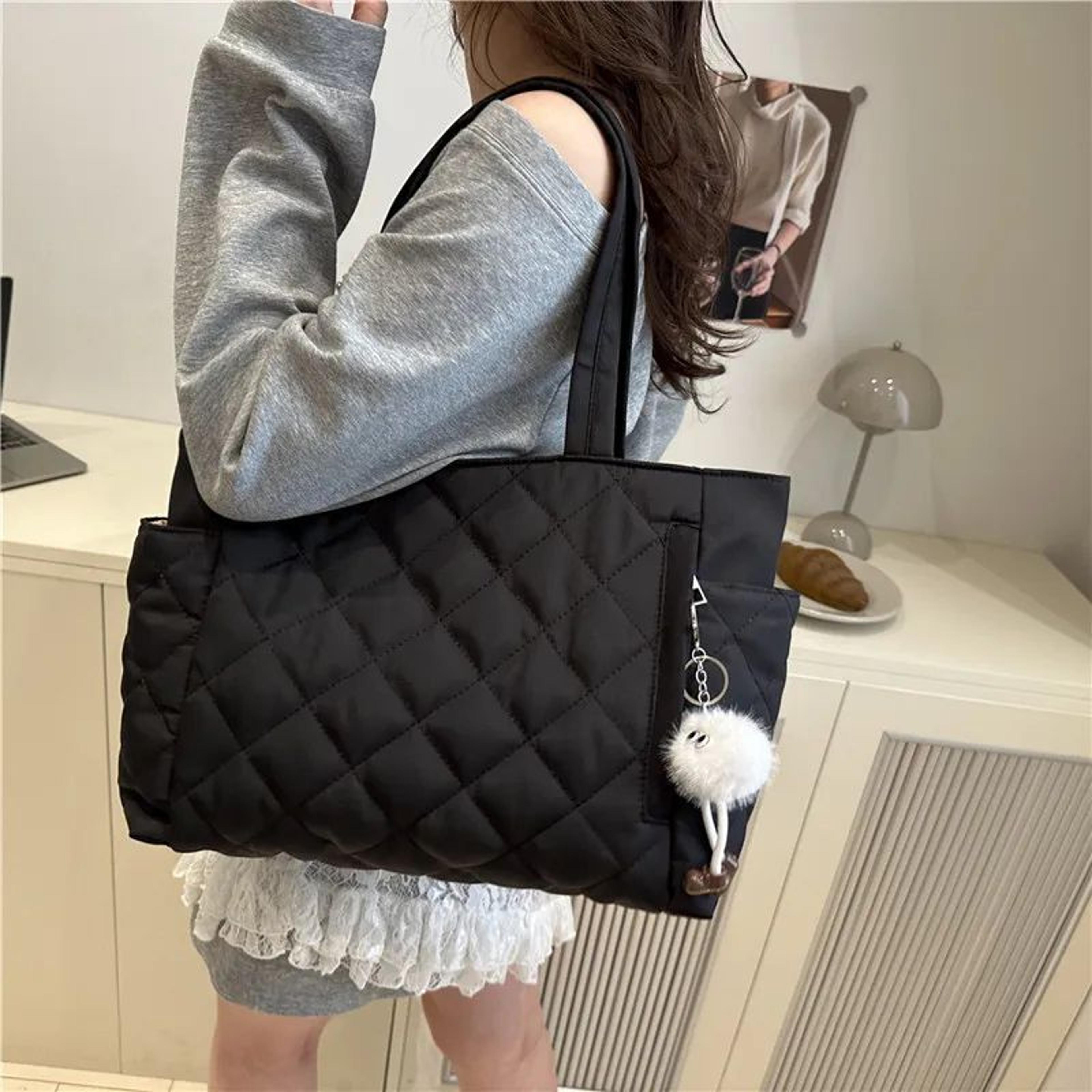 women's large capacity nylon shoulder bag, diamond pattern multi pocket tote handbag with zipper