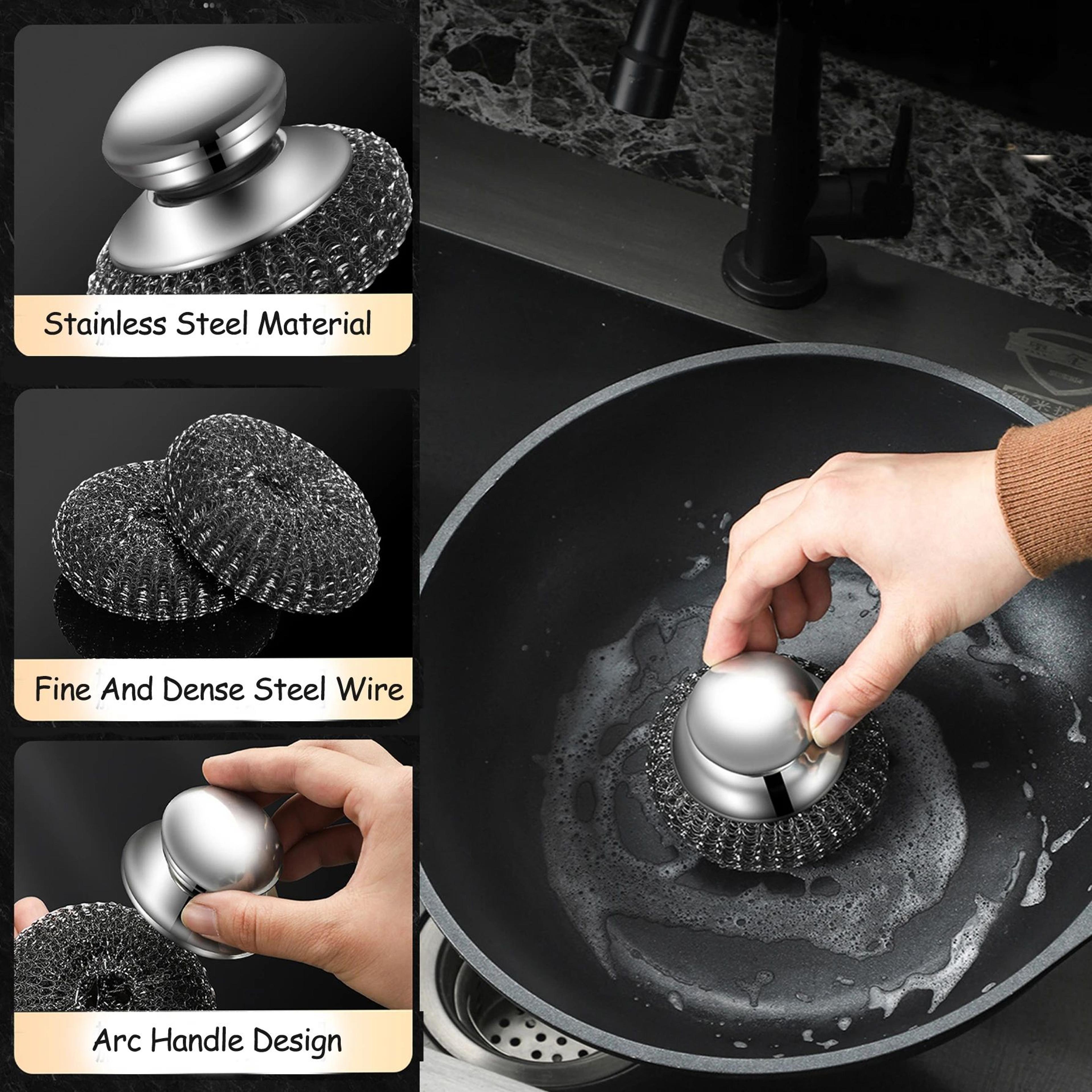 stainless steel wool scrubber brush with handle – heavy-duty dish & grill cleaning brush for pots, pans & cookware