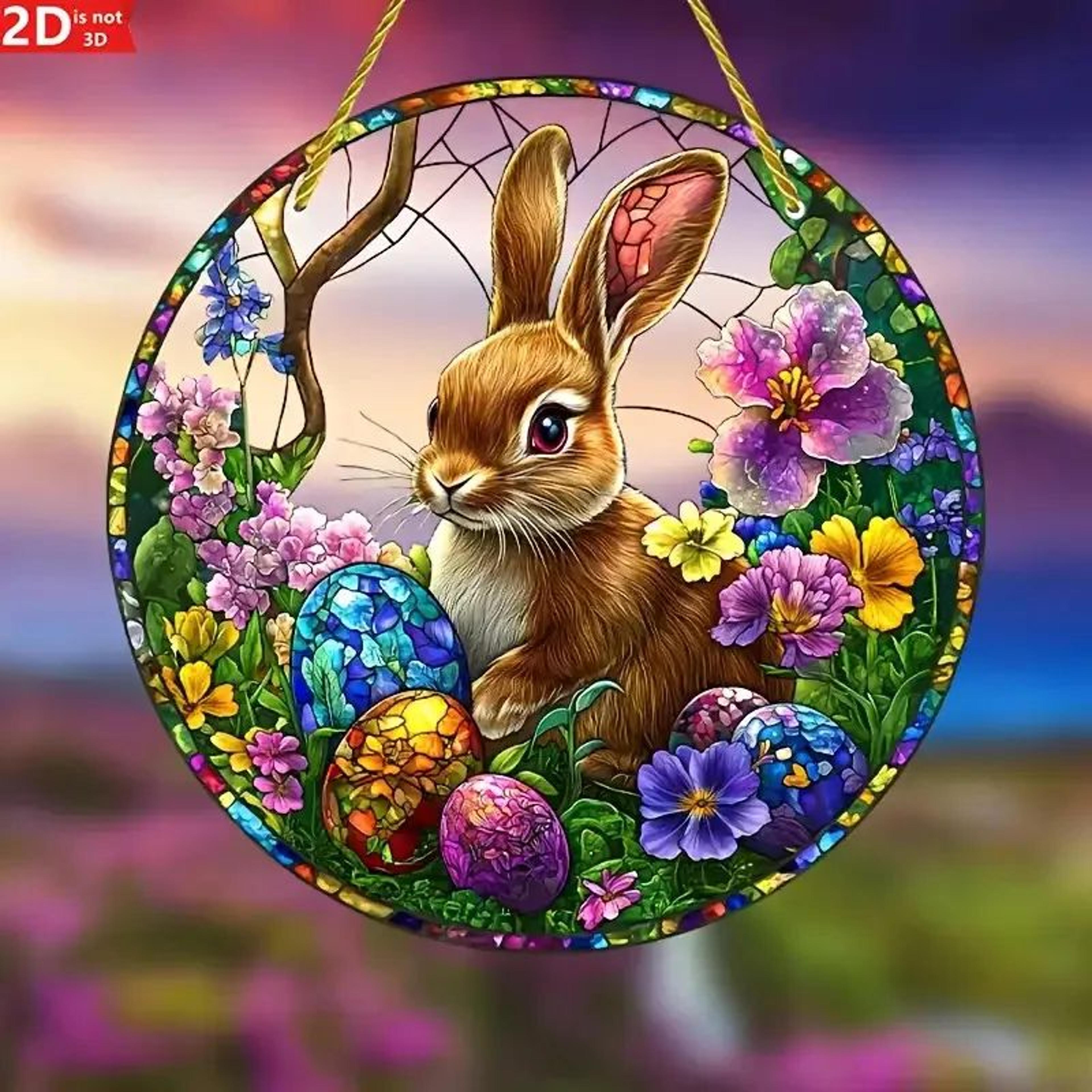 2d flat easter bunny acrylic window hanging with egg & floral design – festive spring decor ornament