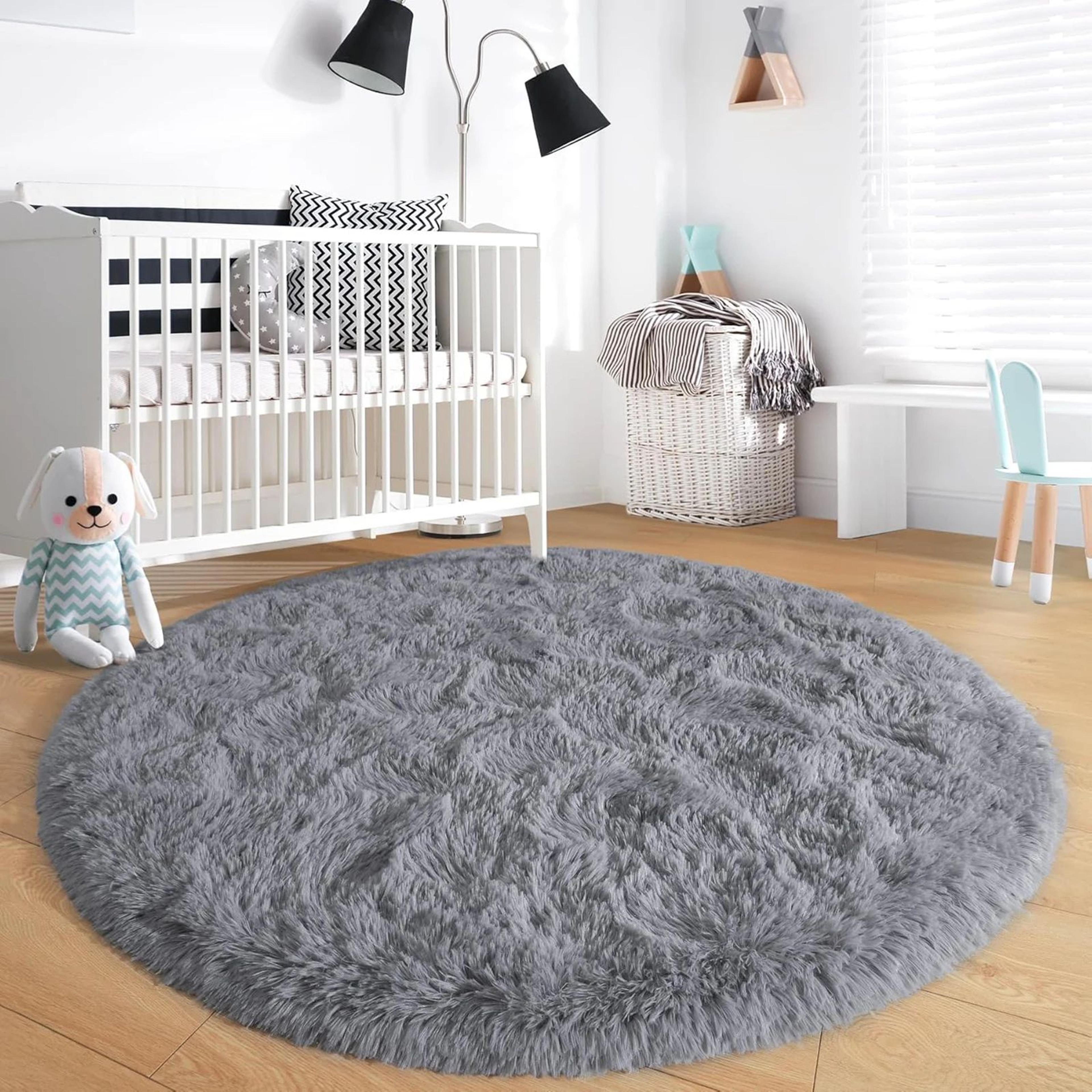 fluffy black round shaggy rug – soft plush bedroom & living room area carpet