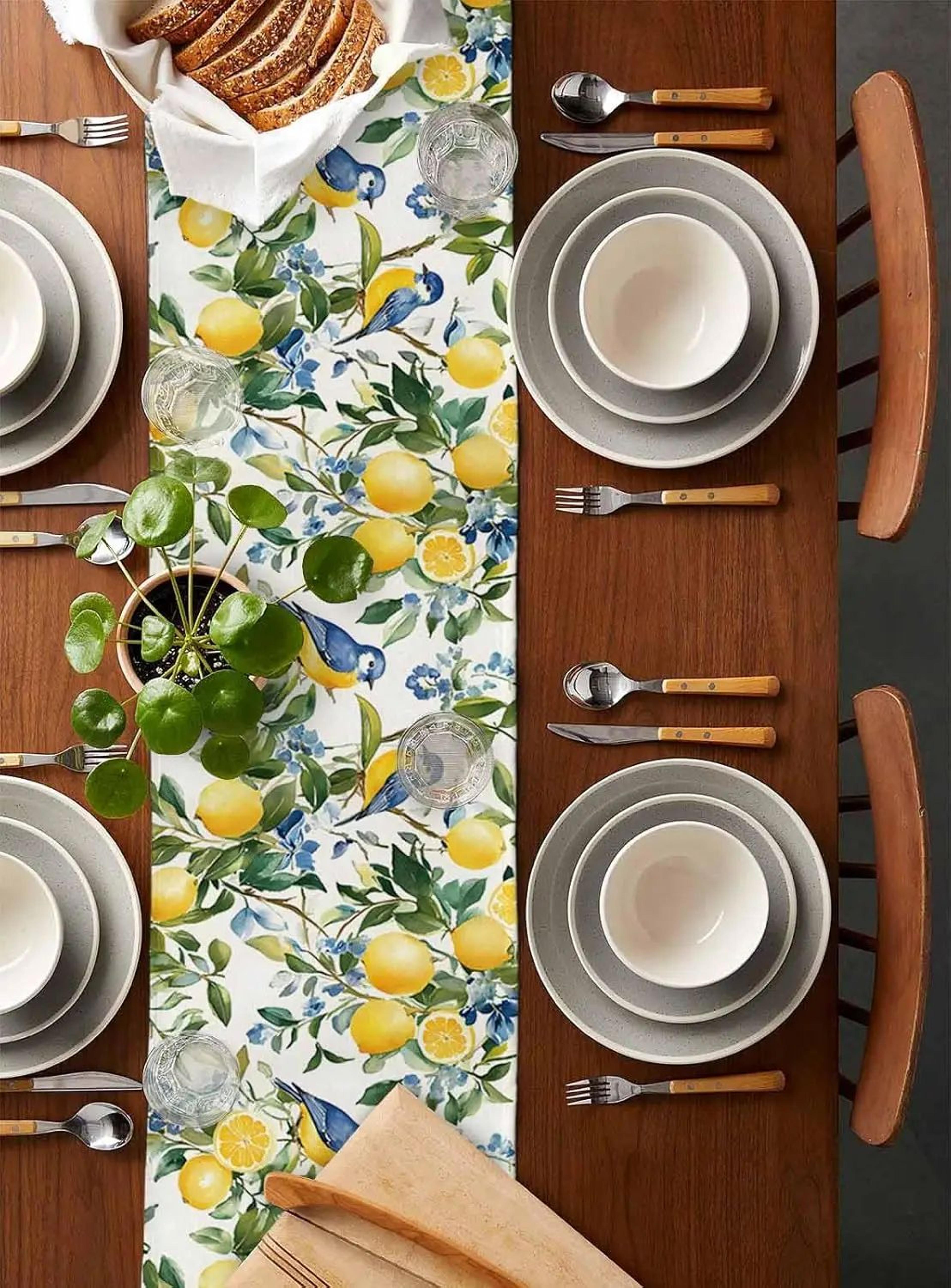 Lemon Tree  Blue Birds Linen Table Runner  Vintage Floral Fruit Dining Table Scarf Decor 1