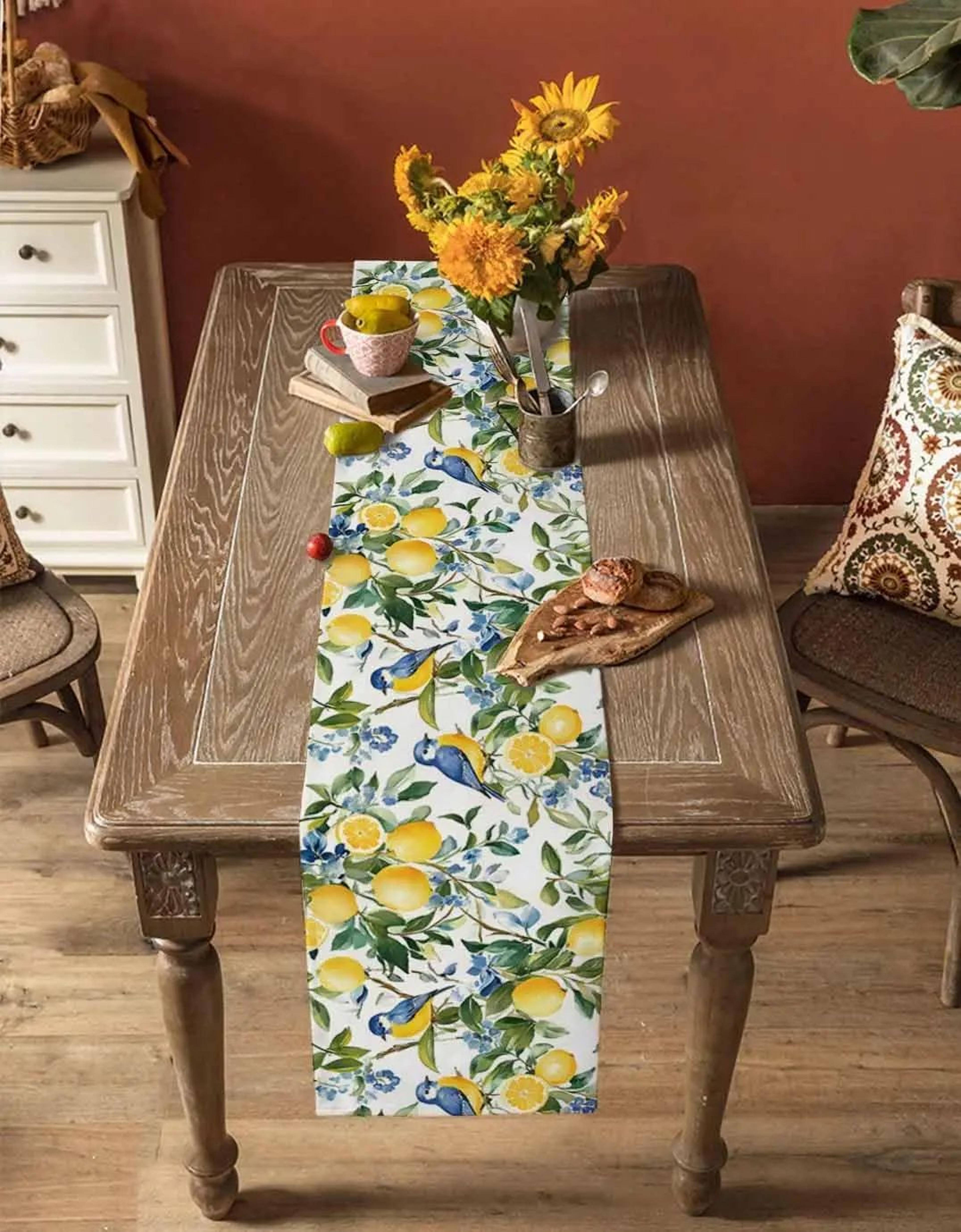 Lemon Tree  Blue Birds Linen Table Runner  Vintage Floral Fruit Dining Table Scarf Decor 2