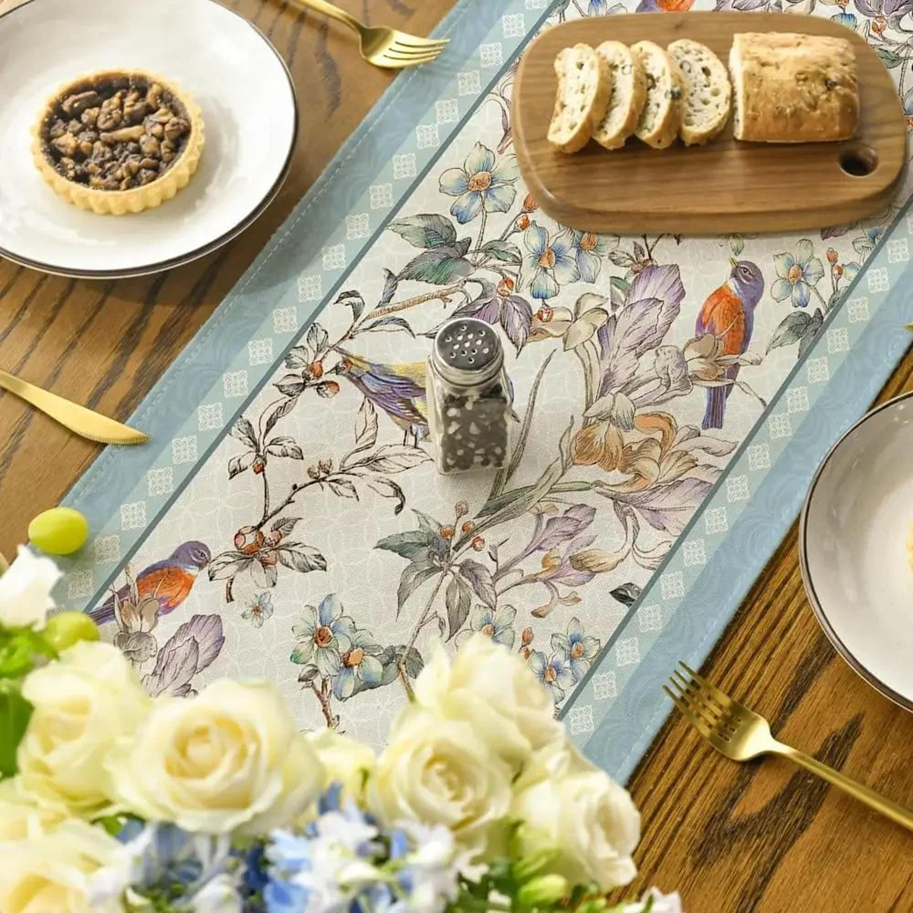 Blue Birds  Blossom Linen Table Runner  Elegant Floral Dining  Wedding Decor 1