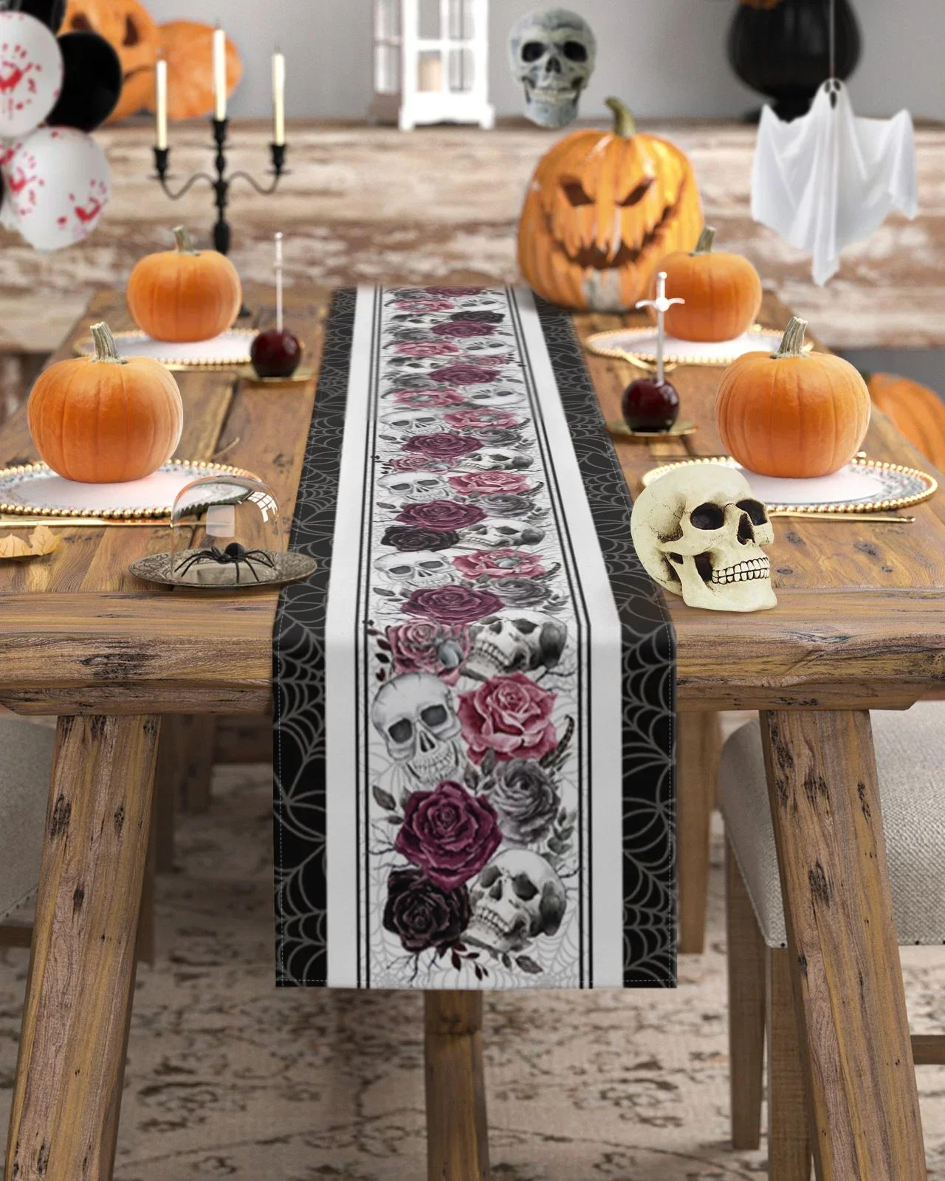 halloween skull rose linen table runner for dining table – gothic crow party kitchen decor