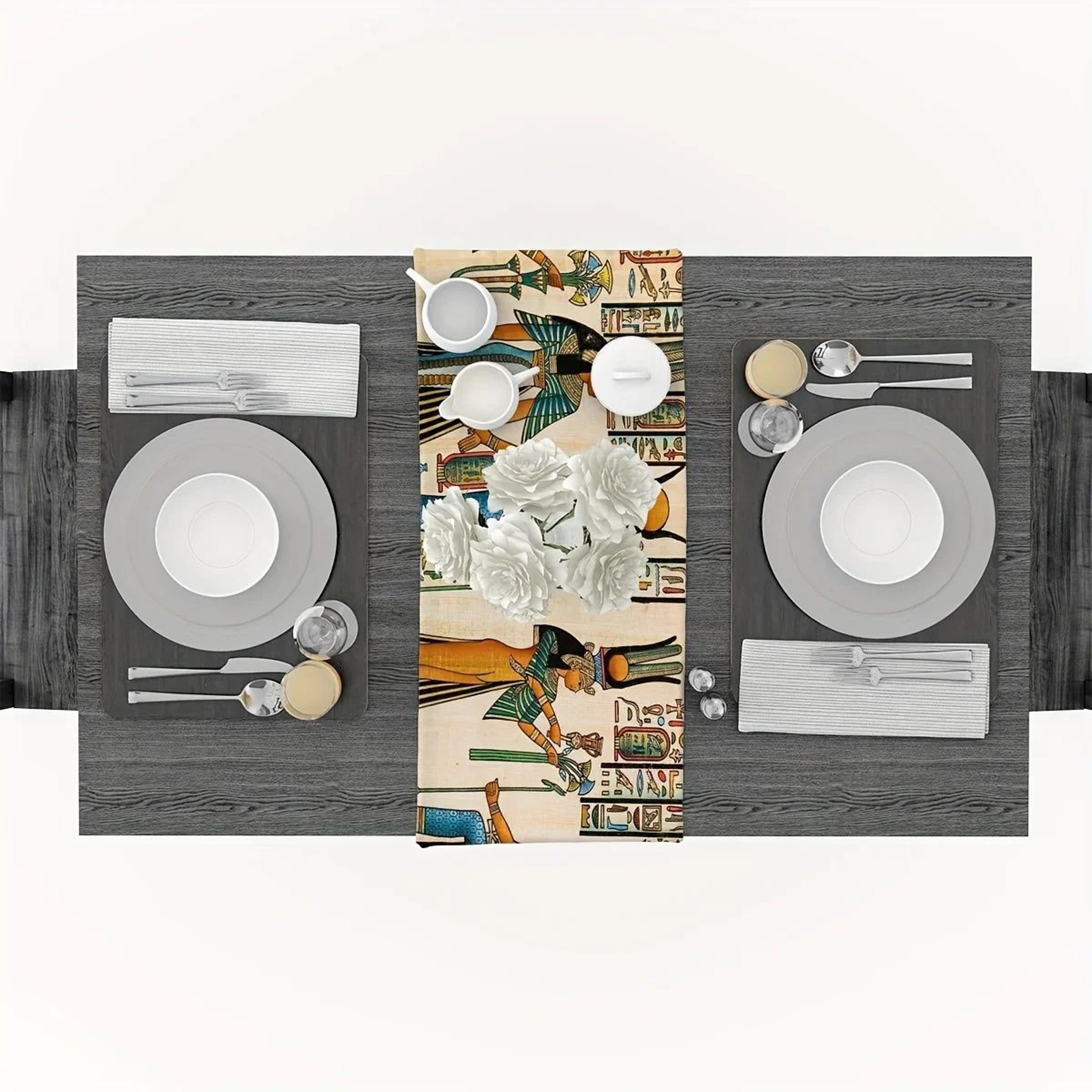Ancient Egyptian Linen Table Runner For Dining Table  Ethnic Pharaoh Mural Farmhouse Decor 3