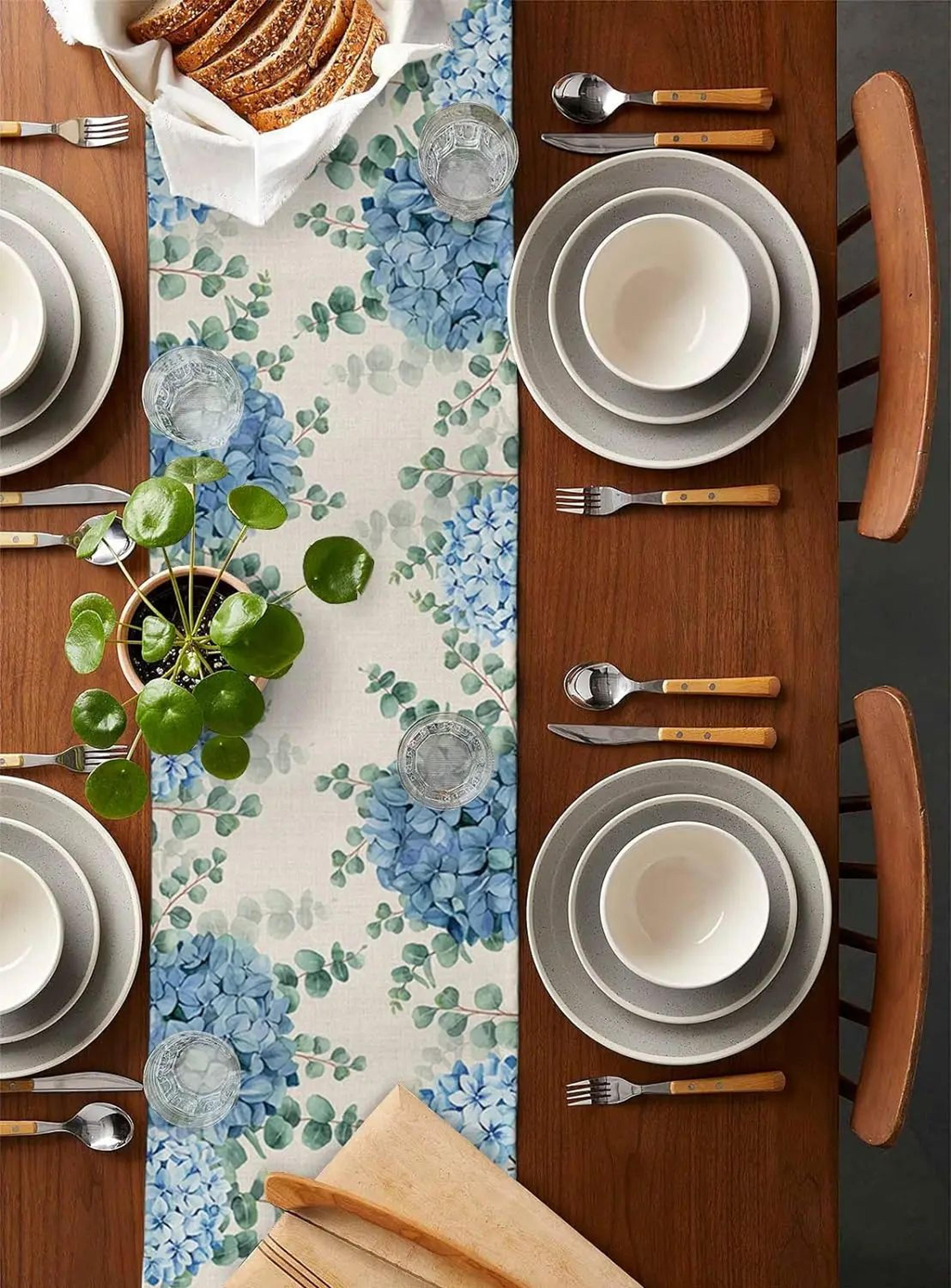 Blue Hydrangea Eucalyptus Linen Table Runner For Dining Table  Floral Farmhouse Wedding Decor 1