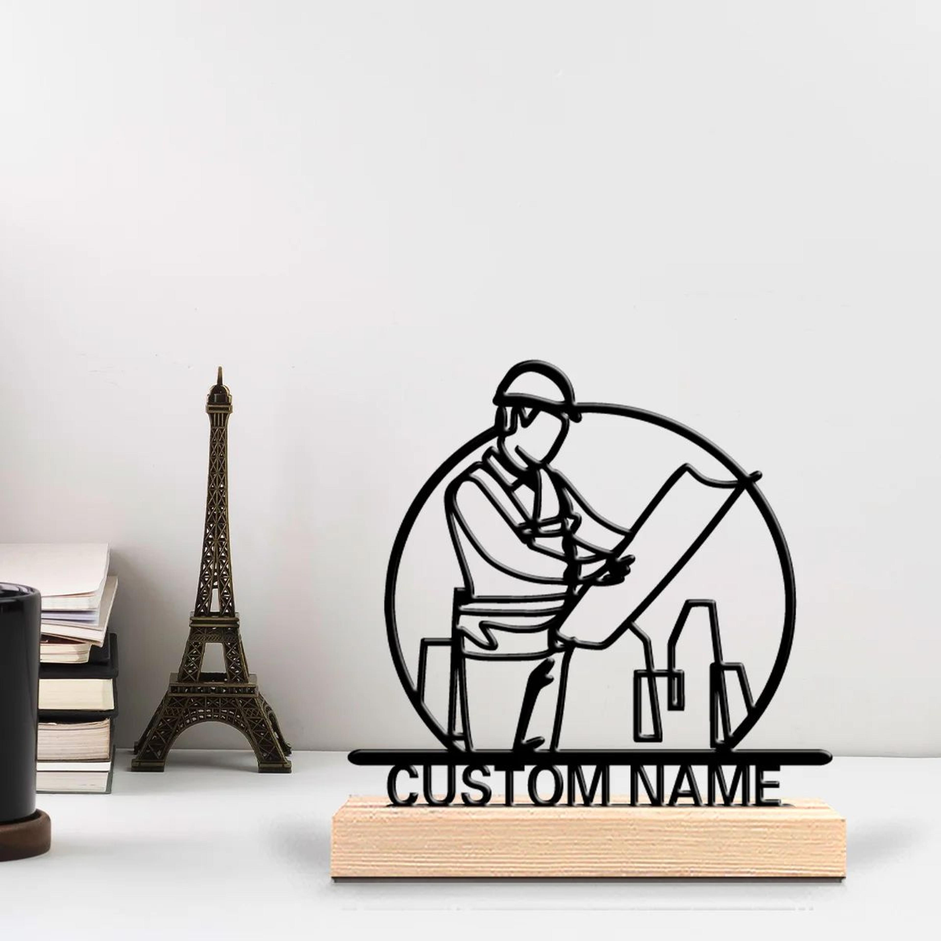 Personalized Architect Metal Sculpture  Custom Male Figure Desk Decor With Wooden Base Office Gift 4