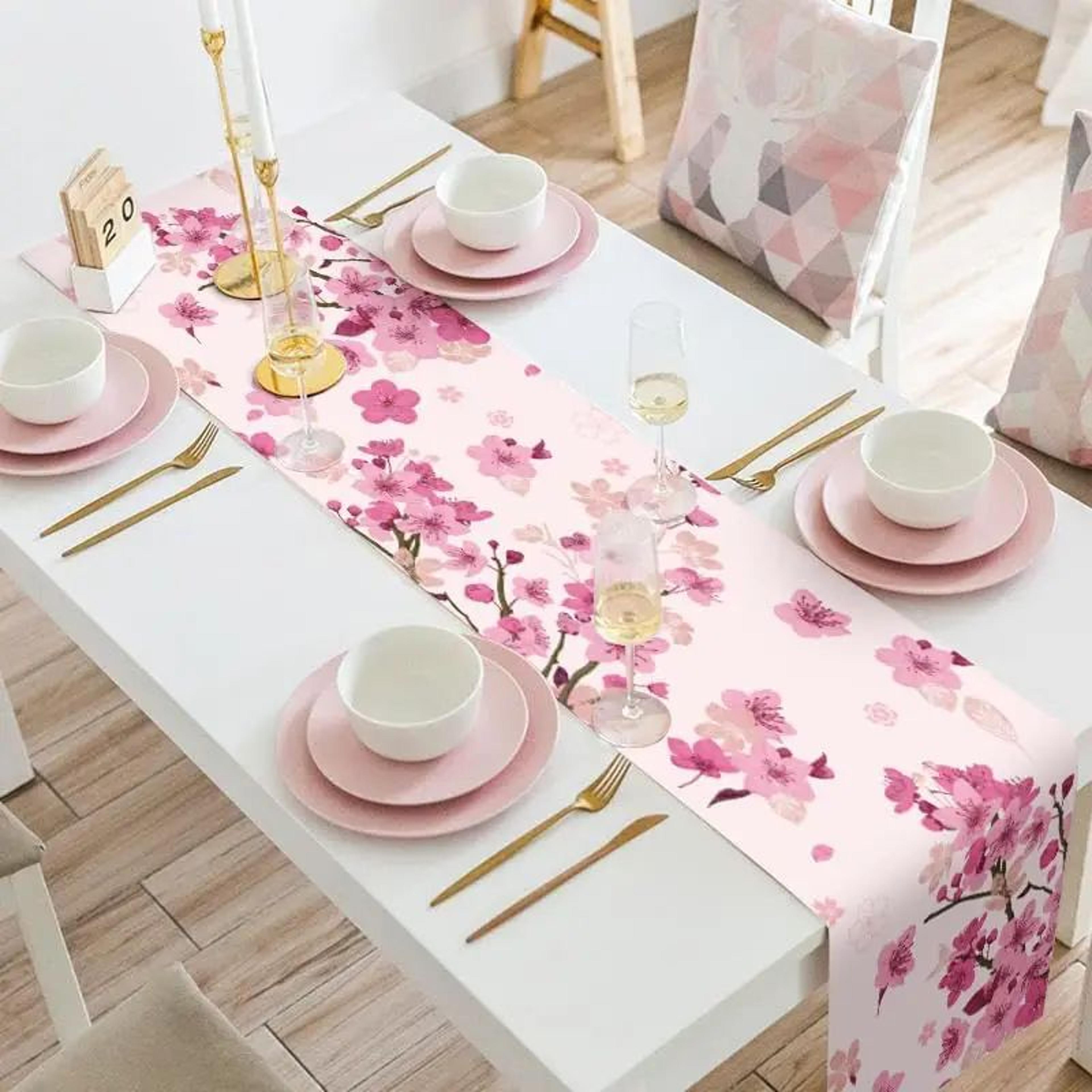 Spring Cherry Blossom Linen Table Runner  Farmhouse Floral Table Decor For Weddings Parties  Dining 1