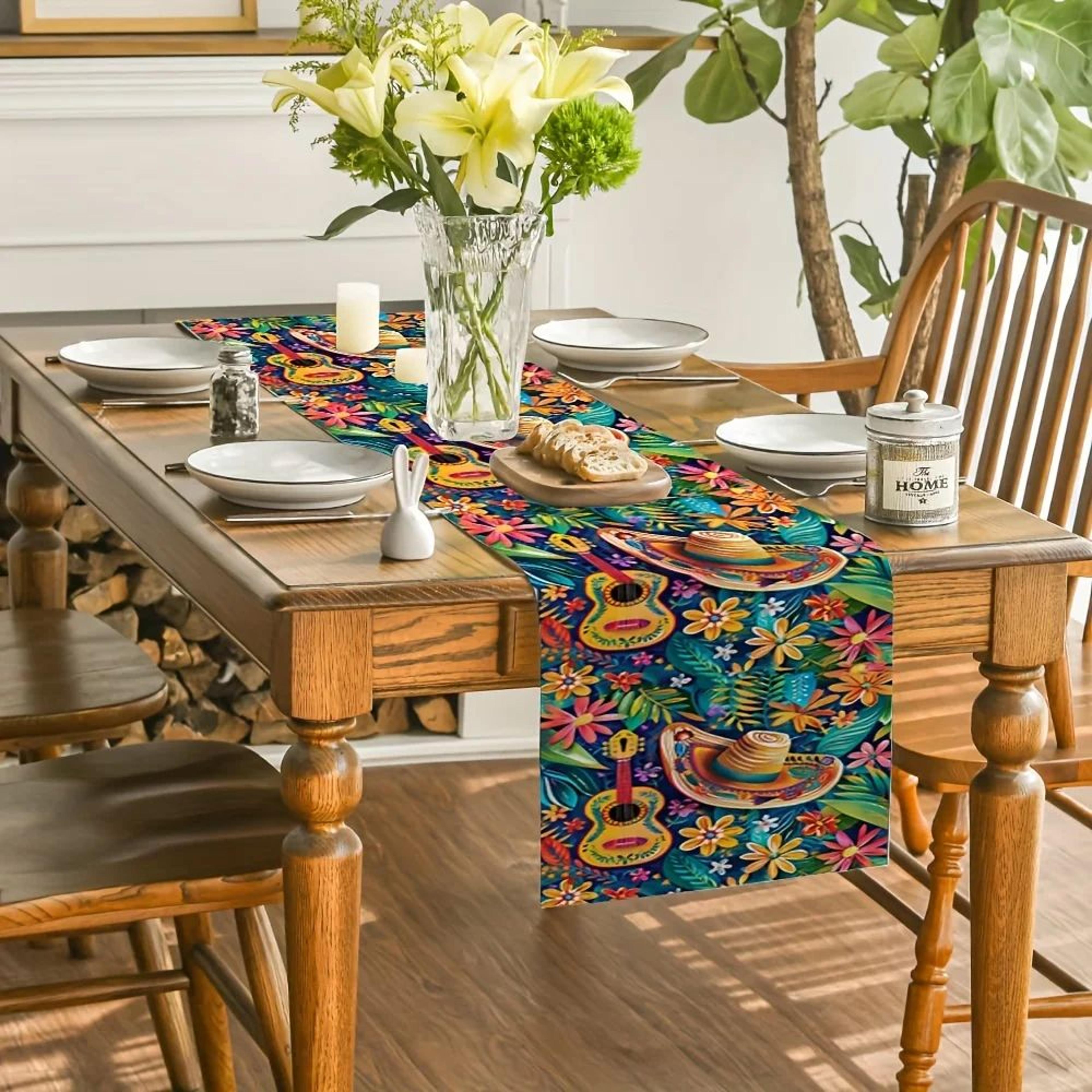 Mexican Fiesta Linen Table Runner  Colorful Cactus  Day Of The Dead Table Decor For Parties  Dining 1