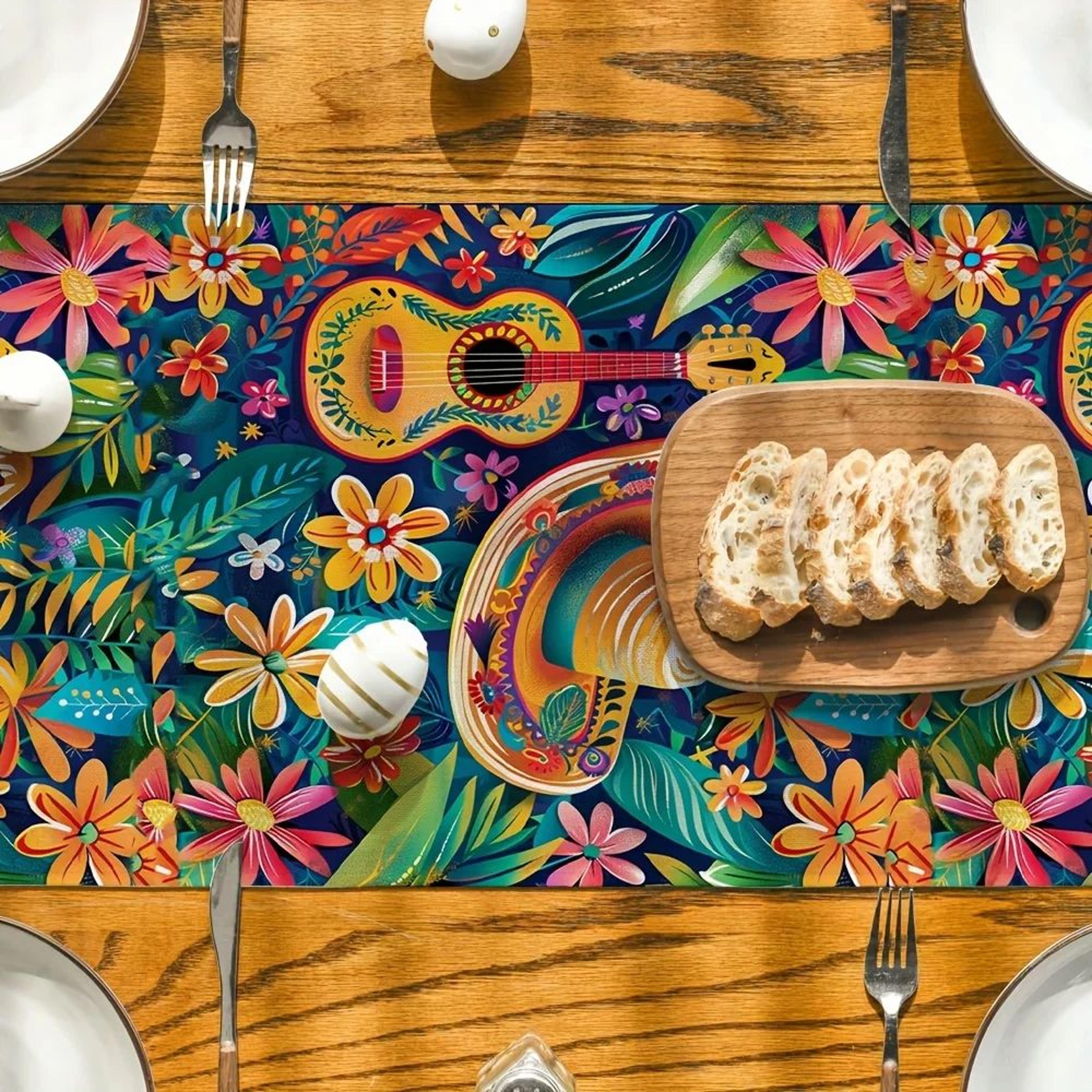 Mexican Fiesta Linen Table Runner  Colorful Cactus  Day Of The Dead Table Decor For Parties  Dining 2