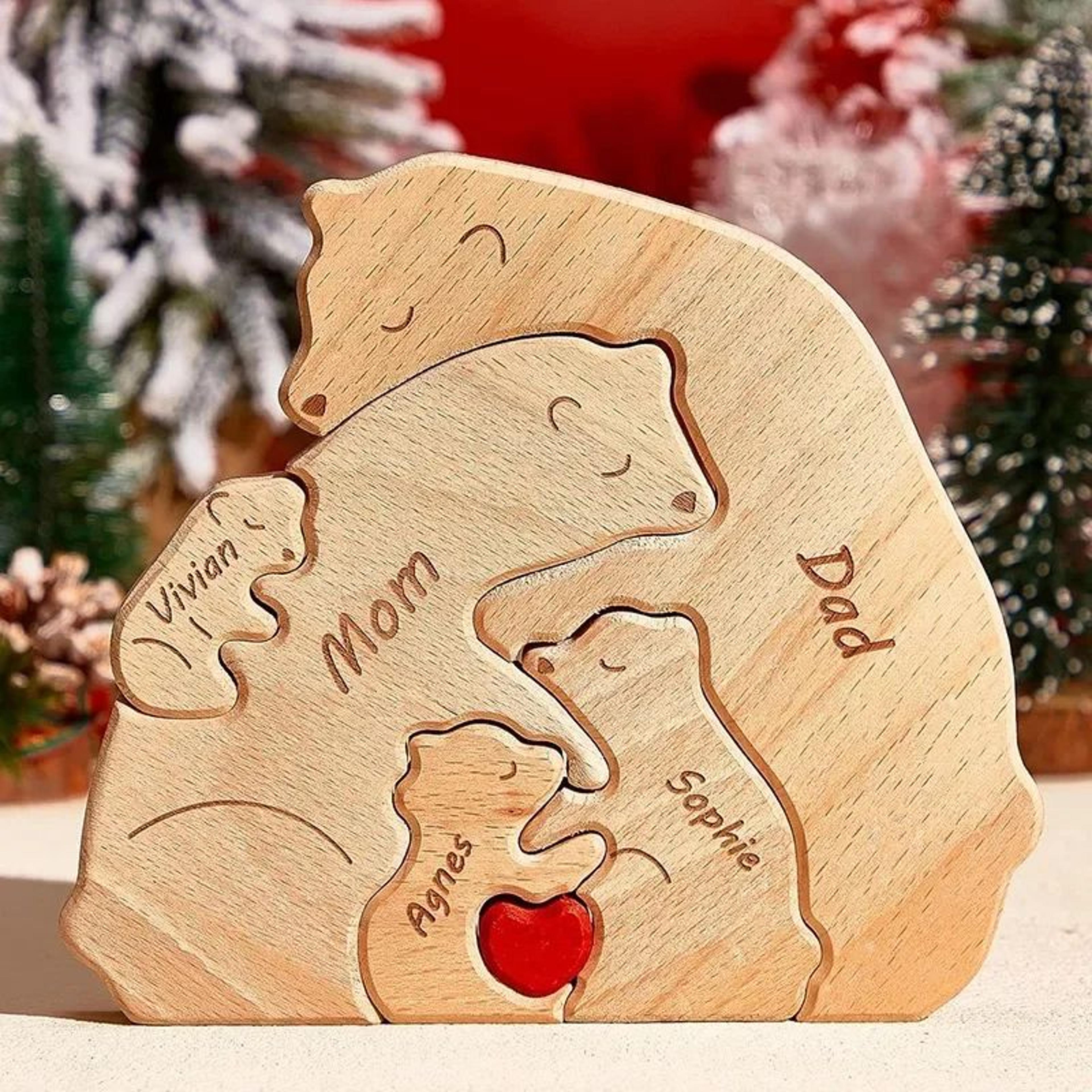 personalized bear family puzzle ornament – custom engraved wooden name decor for mother's & father's day gift