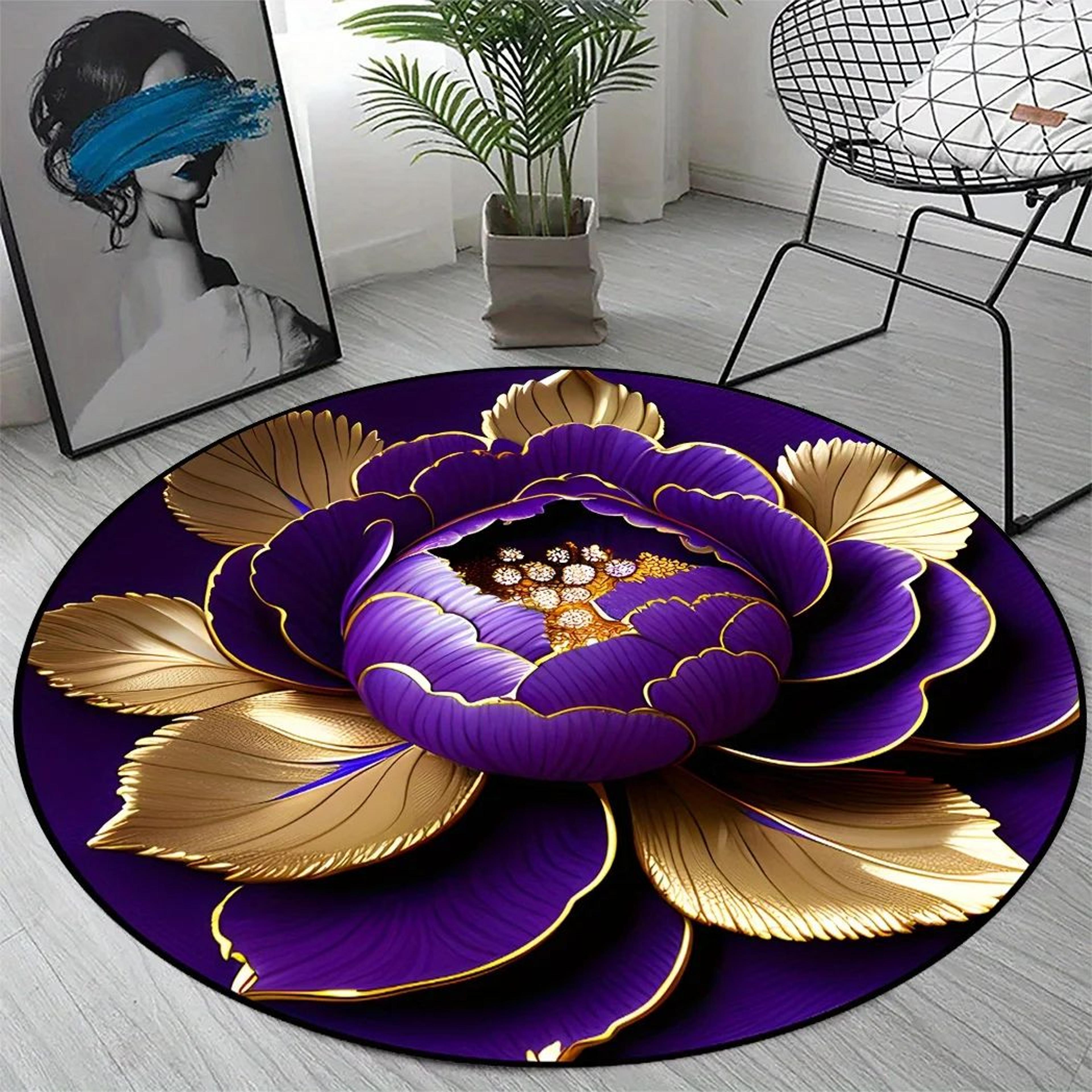 Purple Gold Peony Round Area Rug  Washable NonSlip Polyester Carpet For Living Room  Bedroom Decor 1