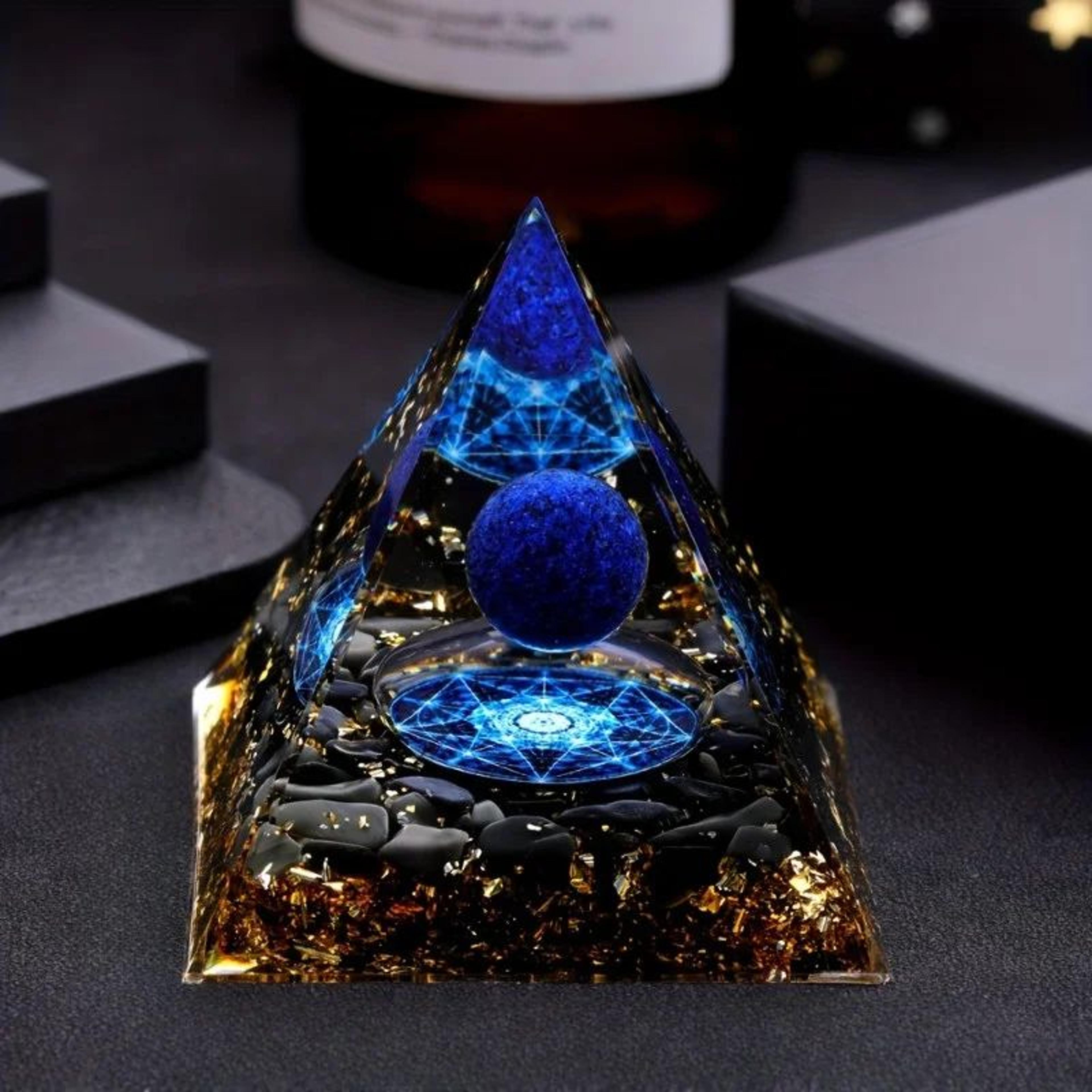 Luxury Lapis Lazuli Crystal Sphere  Pyramid Set  Elegant Geometric Home Decor With Gold Black Base 3