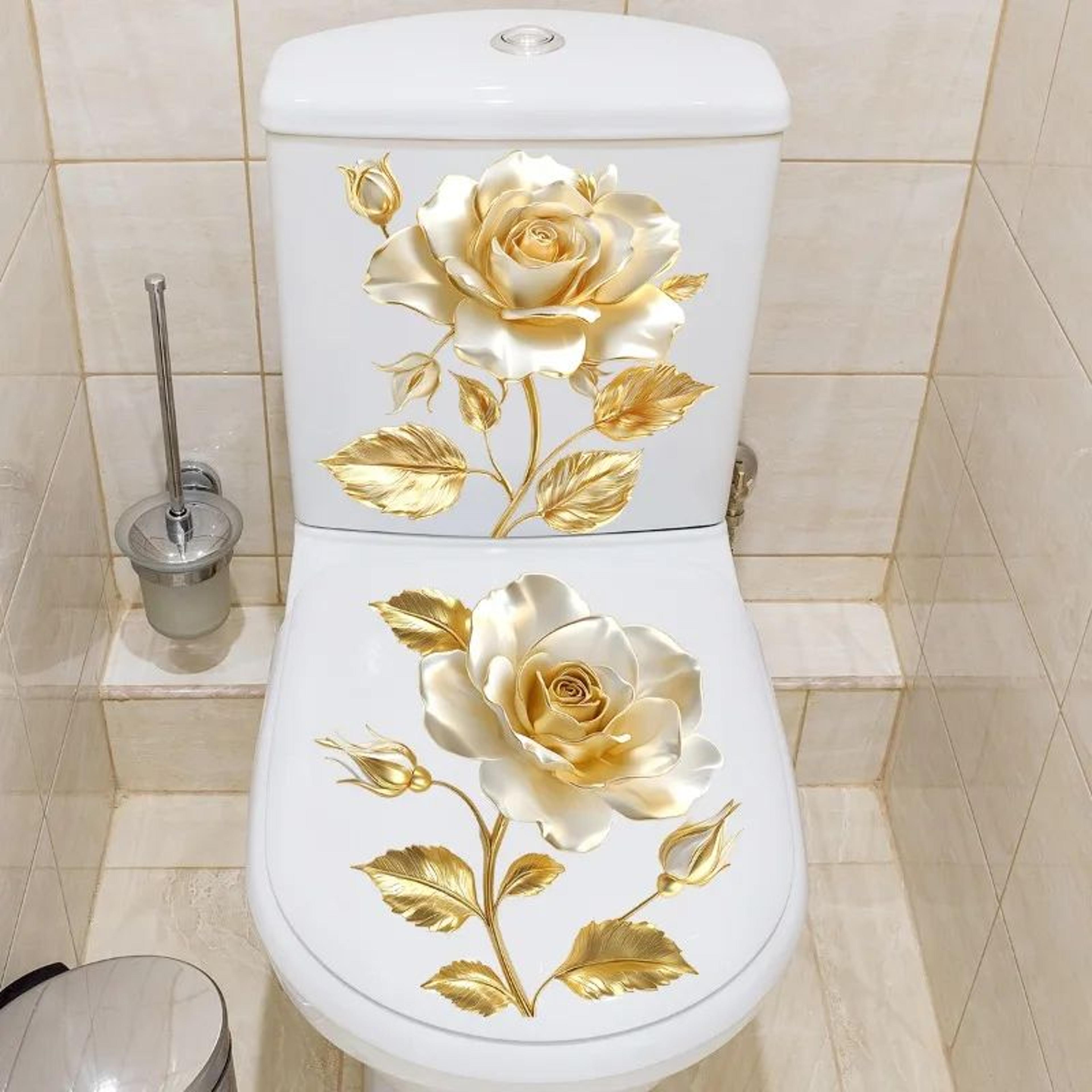 Golden Flower Toilet Lid Sticker  Waterproof Vinyl Bathroom Decor Decal 1