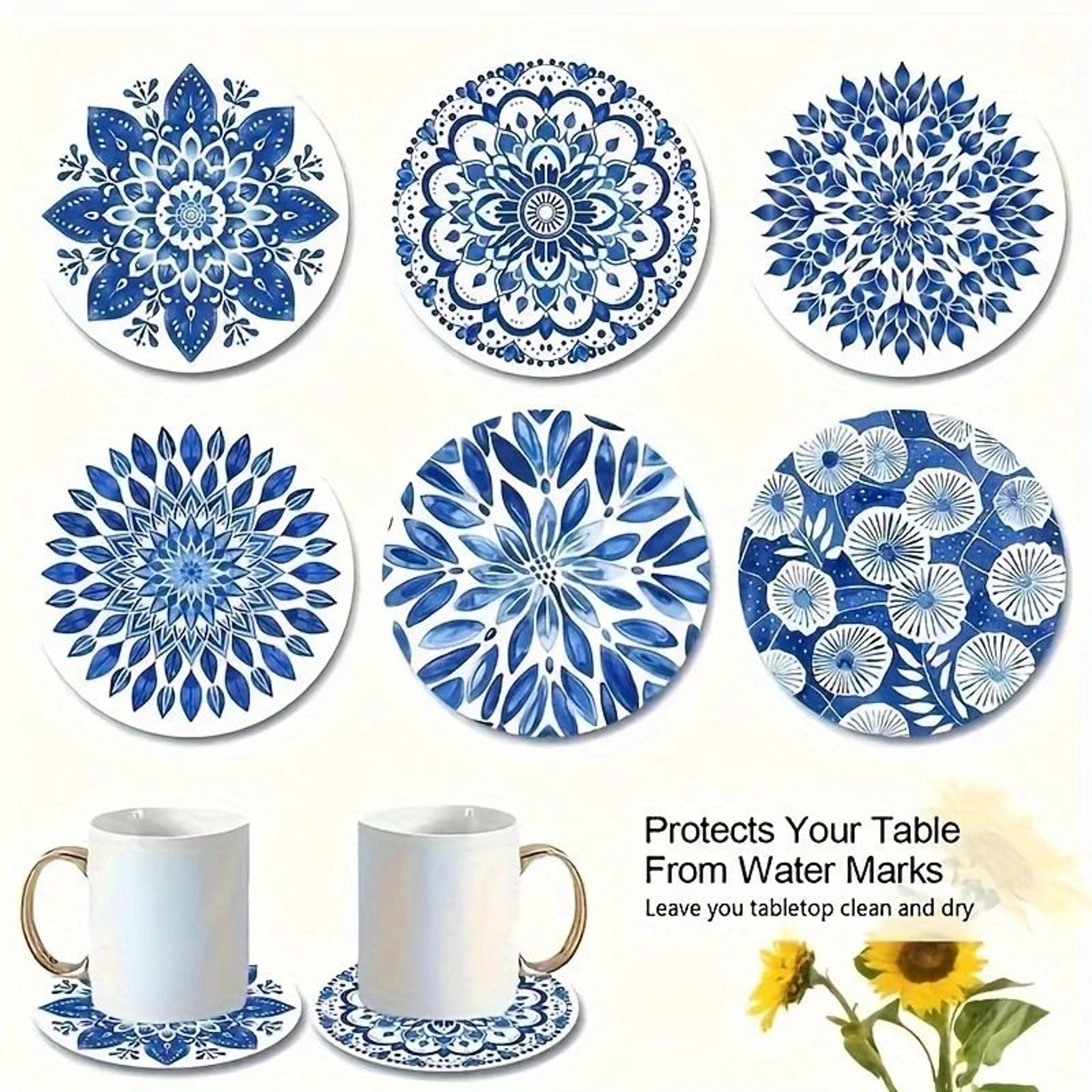 Celadon Floral Wooden Coasters Set  6pcs HeatResistant Coffee Cup Mats For Home  Office 1