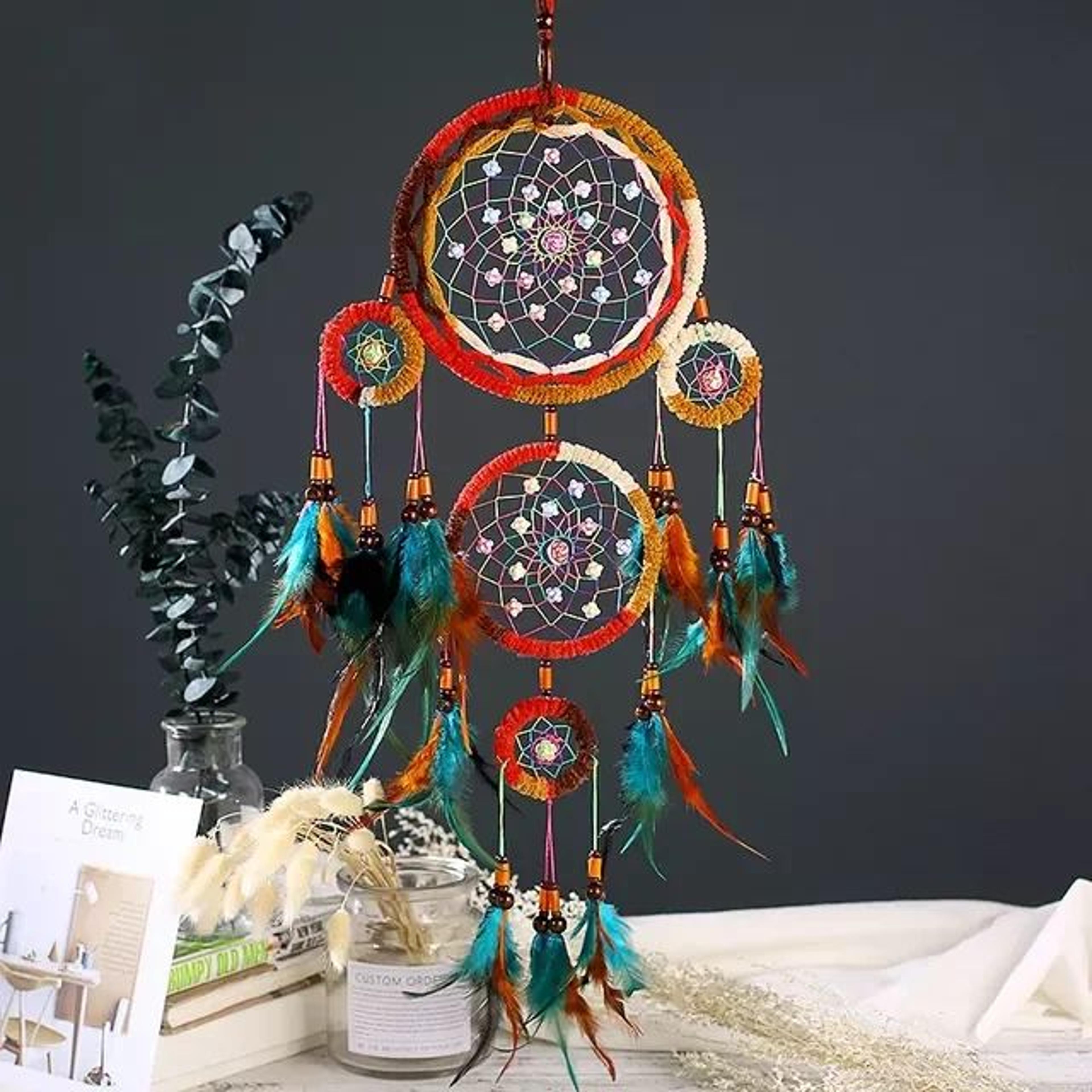 Handmade FiveRing Dream Catcher Wall Hanging  Boho Feather Bead Home Decor 8
