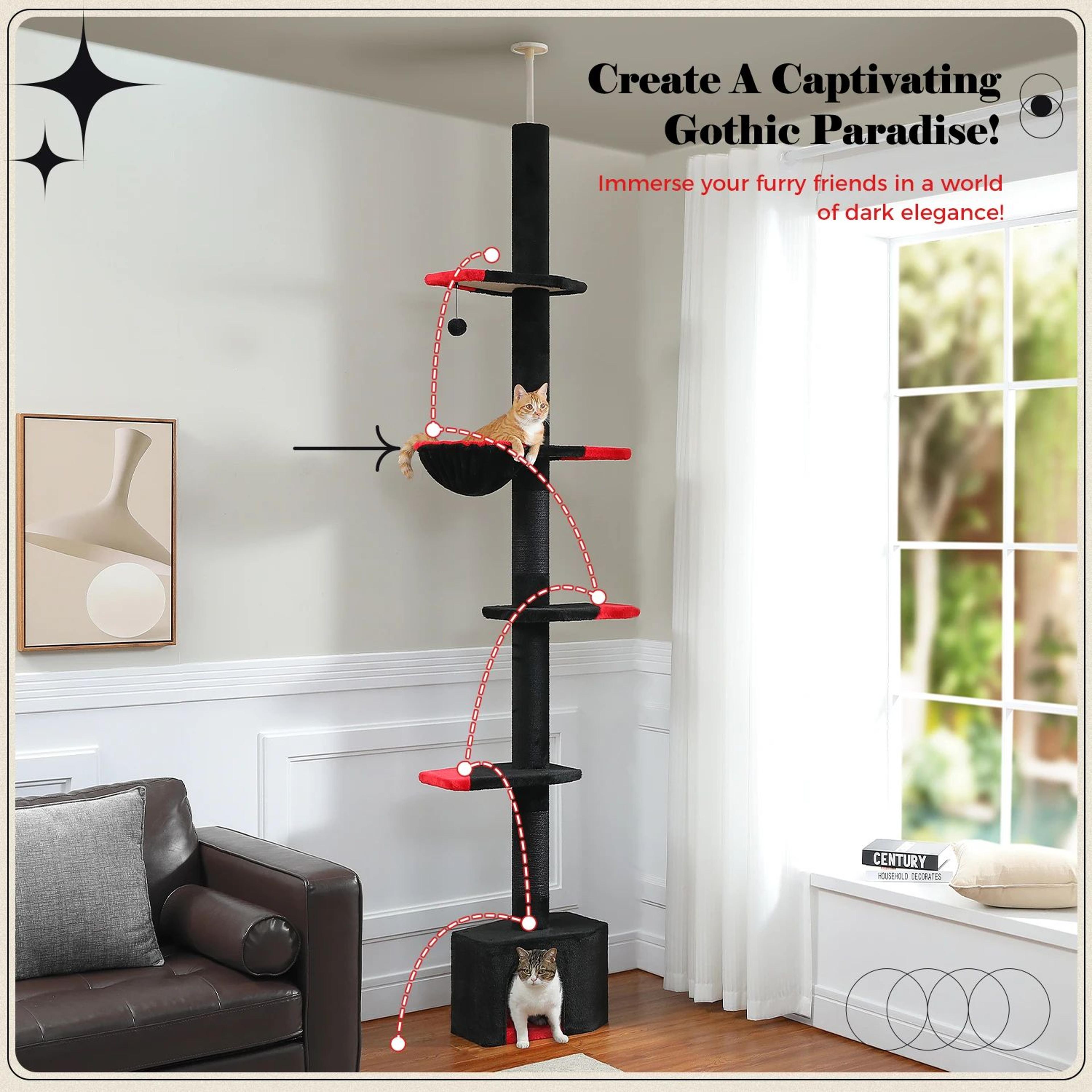 Adjustable FloortoCeiling Cat Tree Tower  Cat Condo Hammock Scratching Posts  Hanging Toy 1