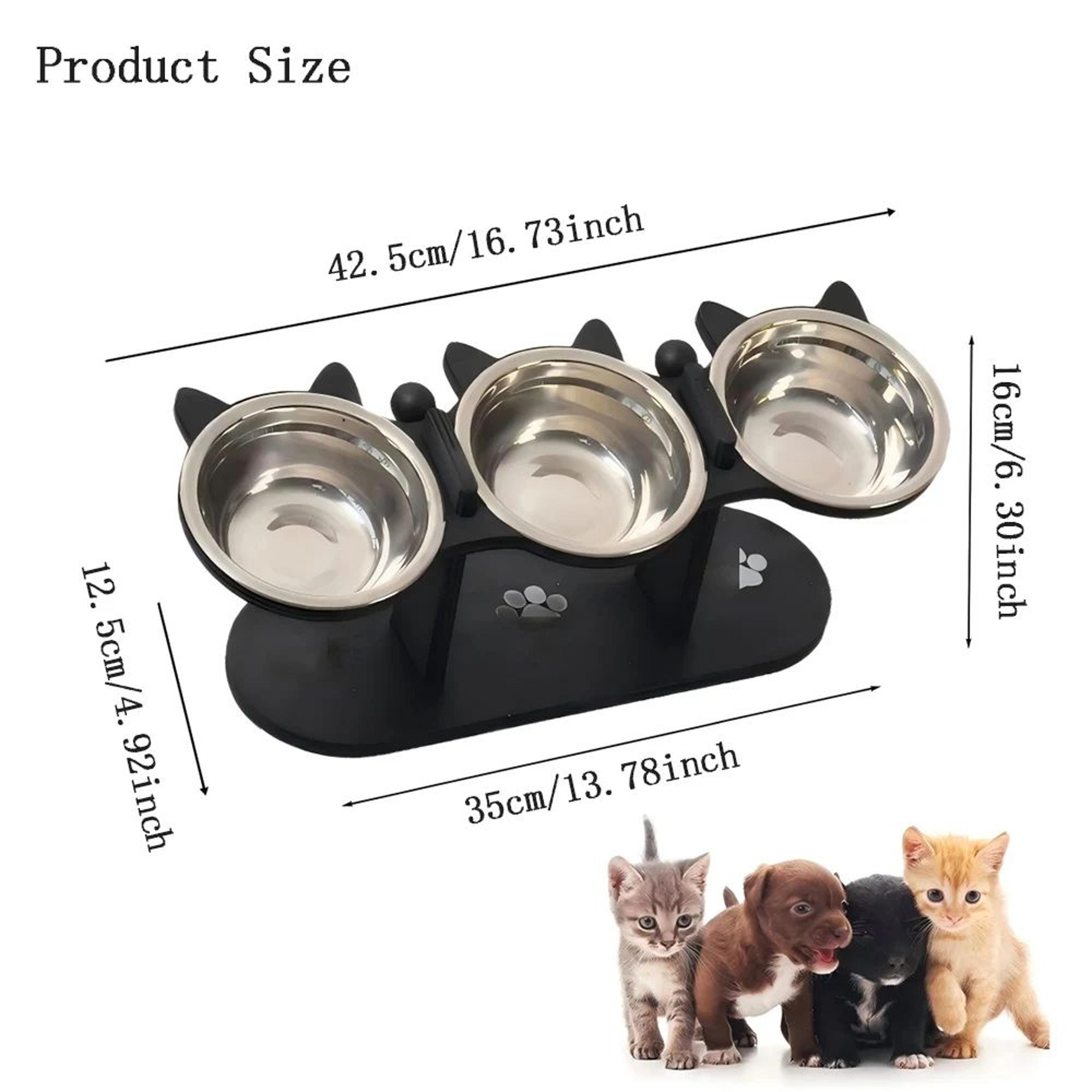 Elevated Cat Ear 3Bowl Pet Feeder  Solid Wood Feeding Station With Stainless Steel Bowls 3