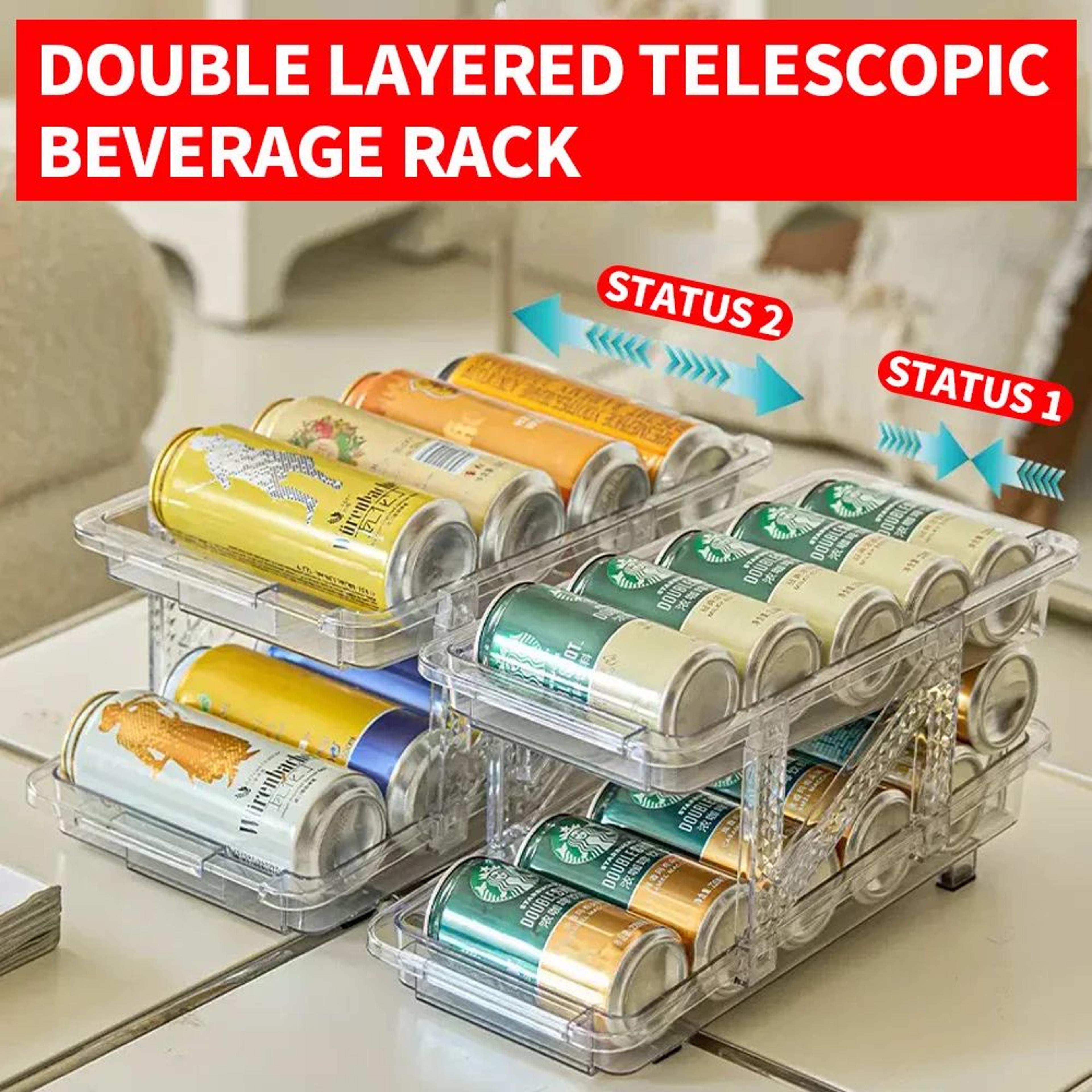 double-layer stretchable can organizer rack – transparent beverage storage holder for refrigerator & pantry