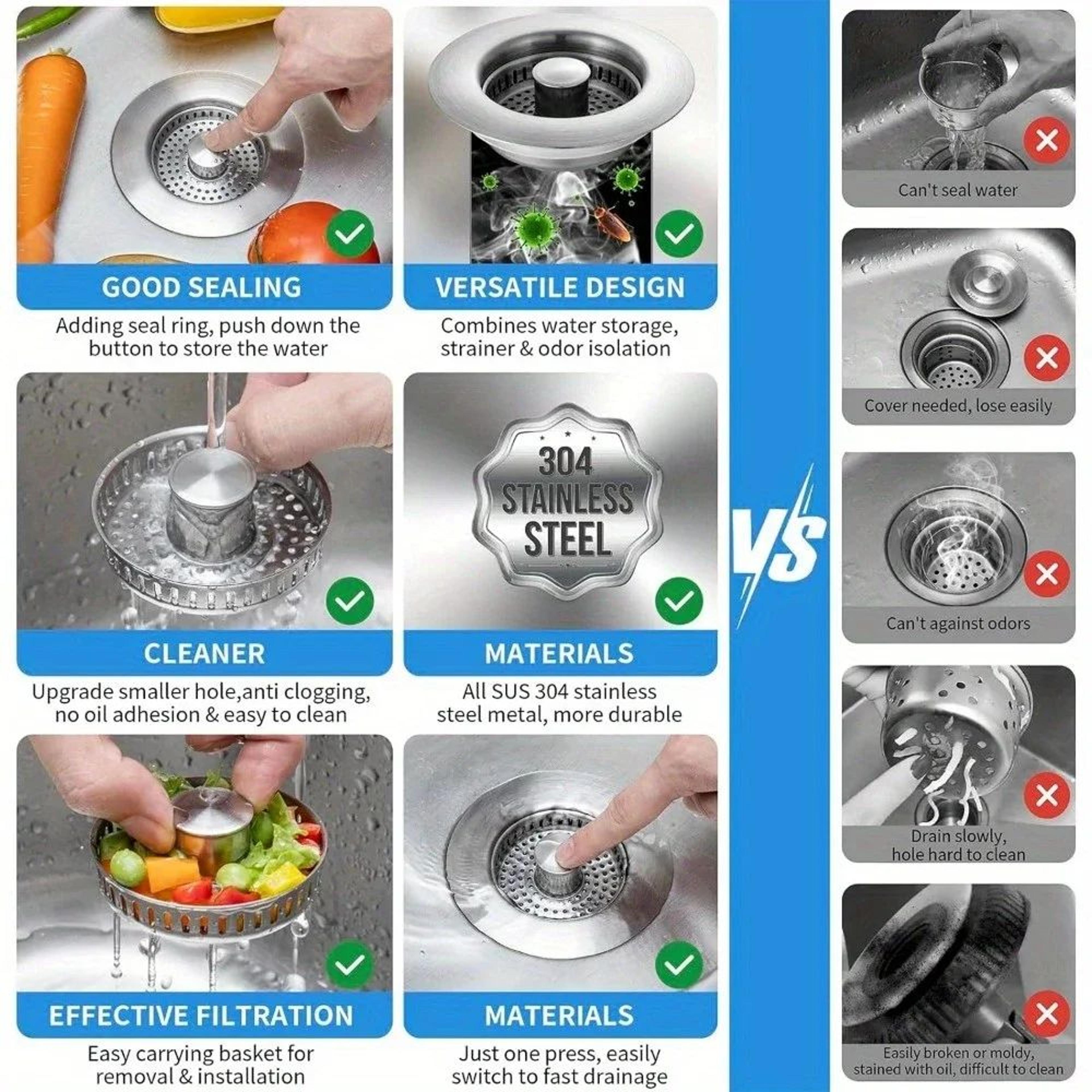 3in1 Stainless Steel Kitchen Sink Strainer PopUp Stopper  AntiClog Basket Drain Filter  Odor Blocke 1