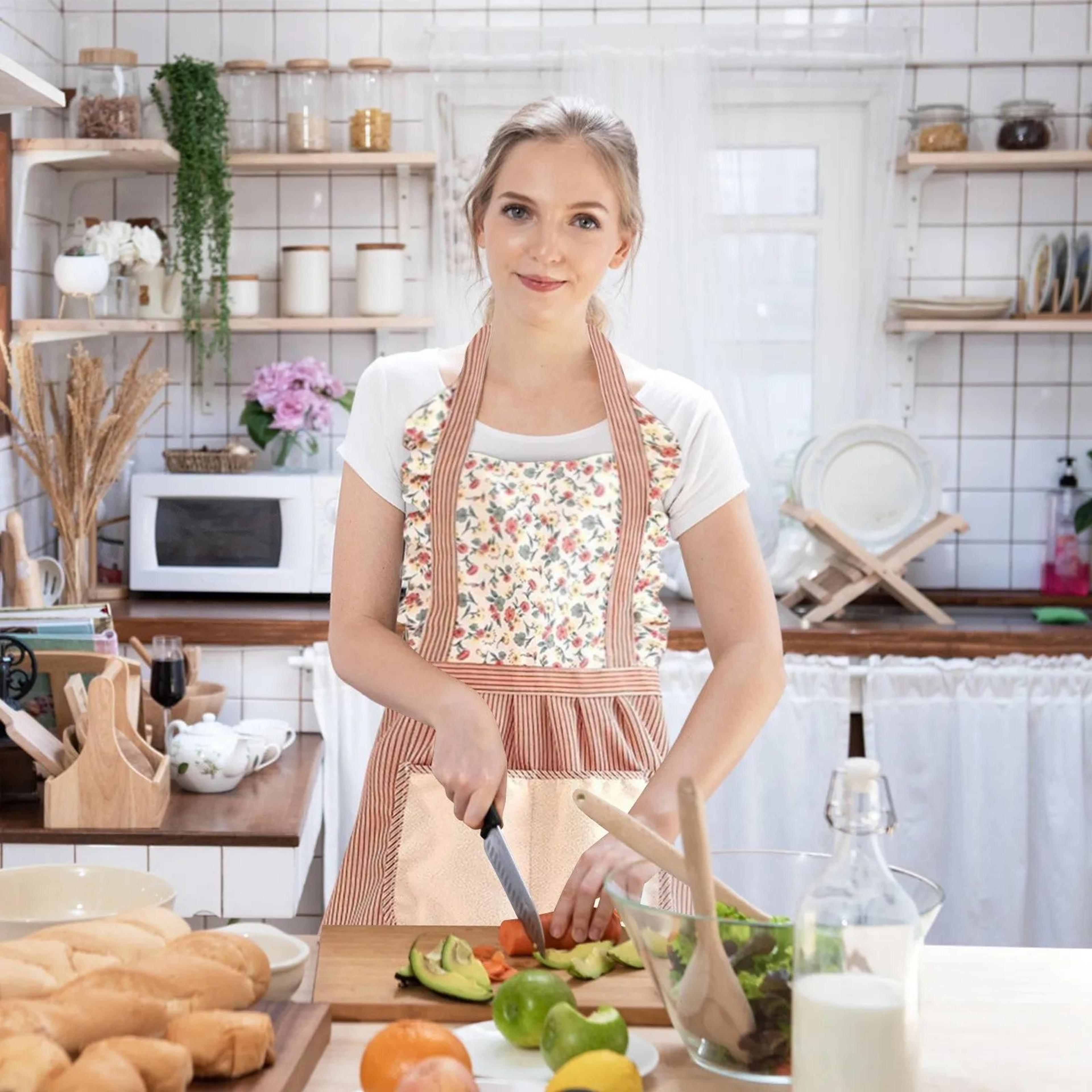 Pink Floral Canvas Apron  Breathable Kitchen Cooking Apron With WaistHugging Fit For Women 1